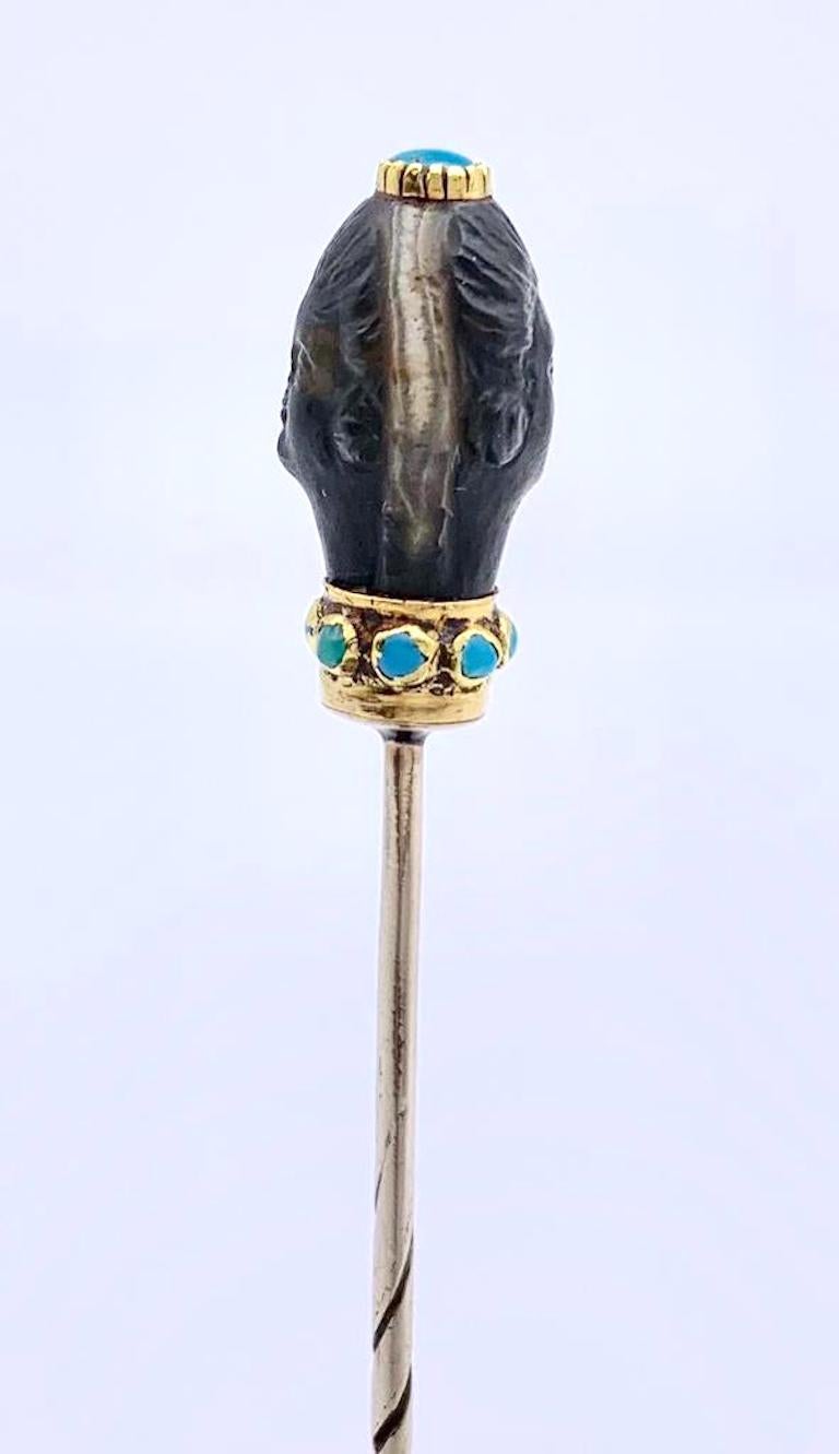 Antique Georgian Double Head Sardonyx Gold Turquoise Stick Pin For Sale 3