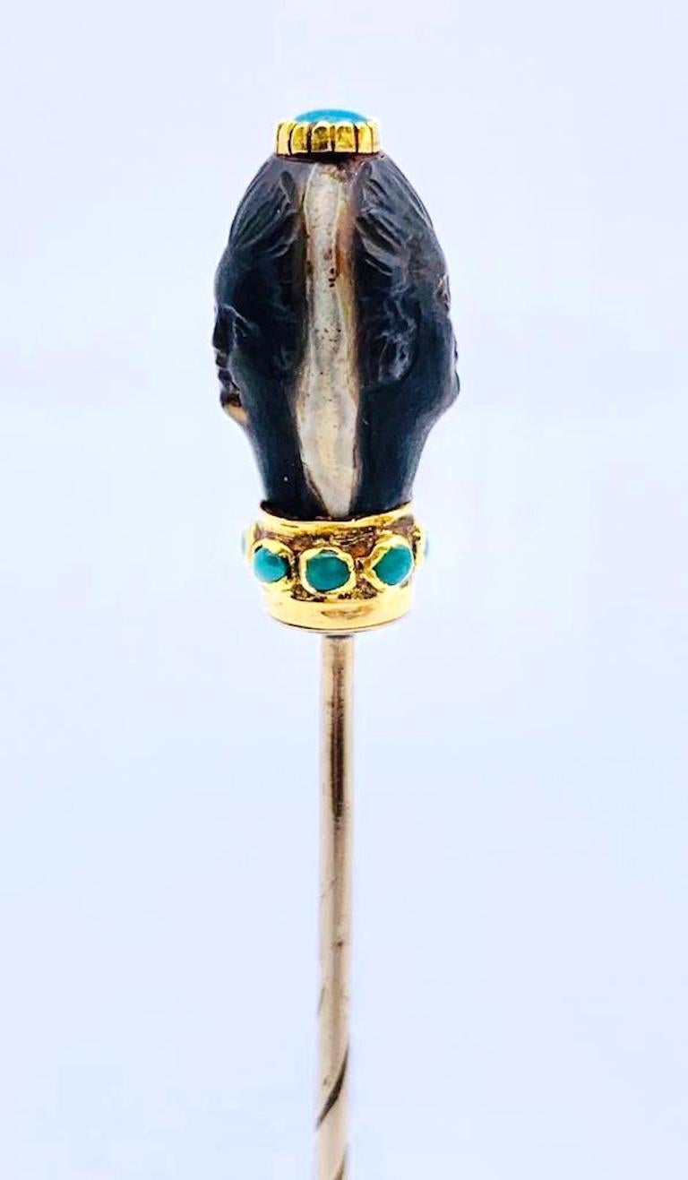 Antique Georgian Double Head Sardonyx Gold Turquoise Stick Pin In Good Condition For Sale In Munich, Bavaria