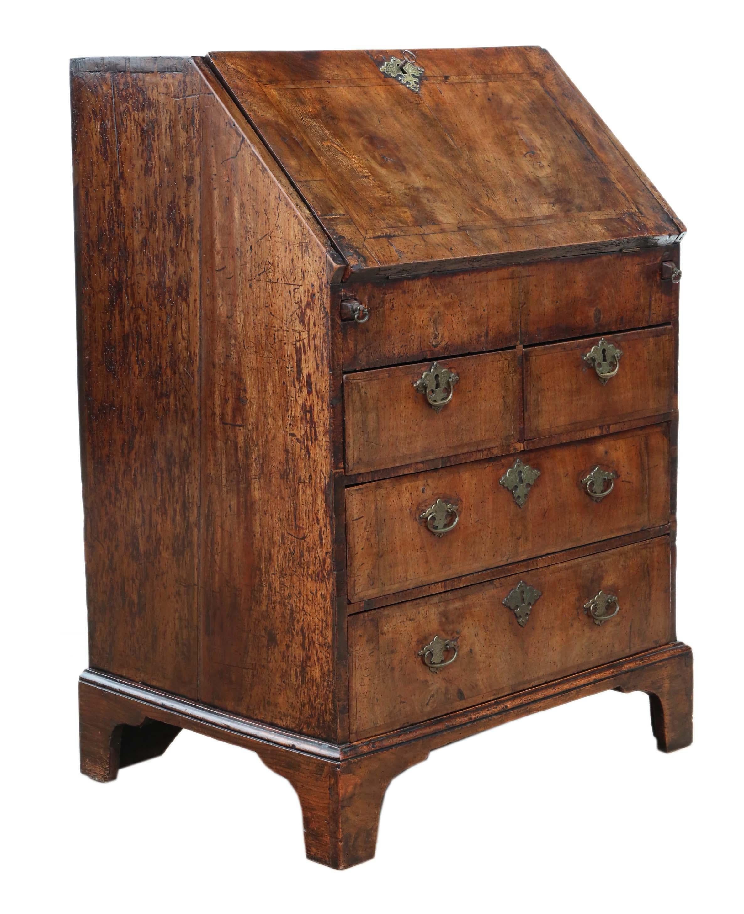 18th Century and Earlier Antique Georgian early 18th Century cross banded walnut bureau desk writing tabl For Sale