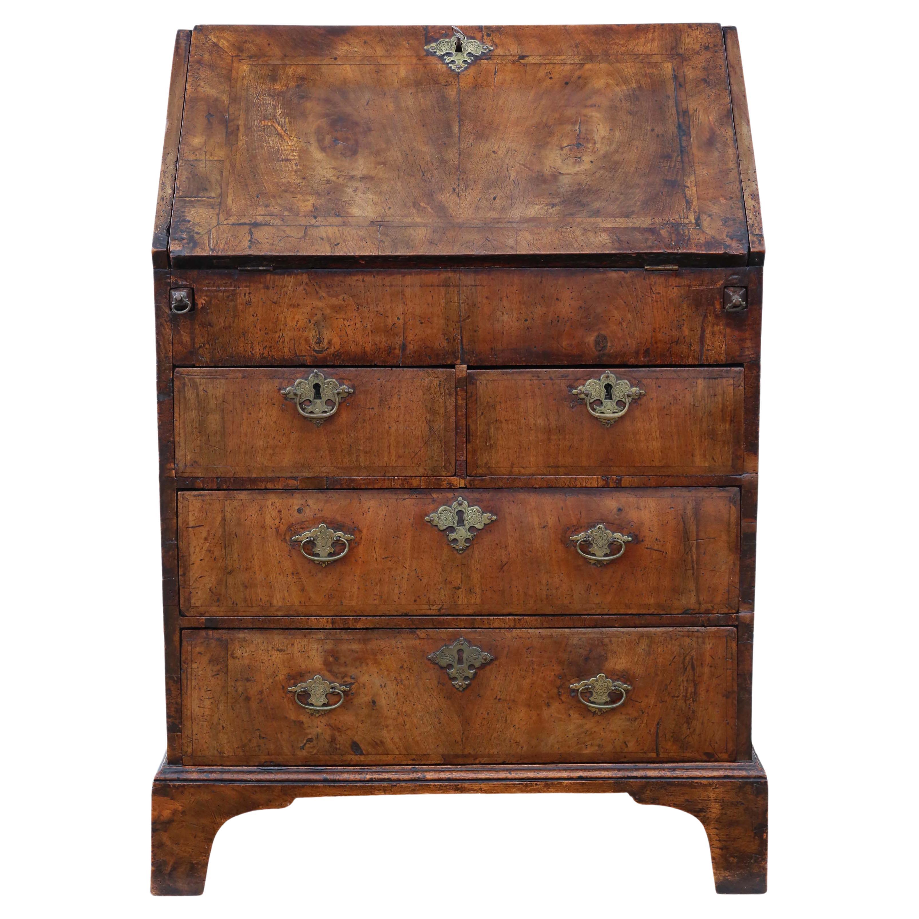 Antique Georgian early 18th Century cross banded walnut bureau desk writing tabl For Sale