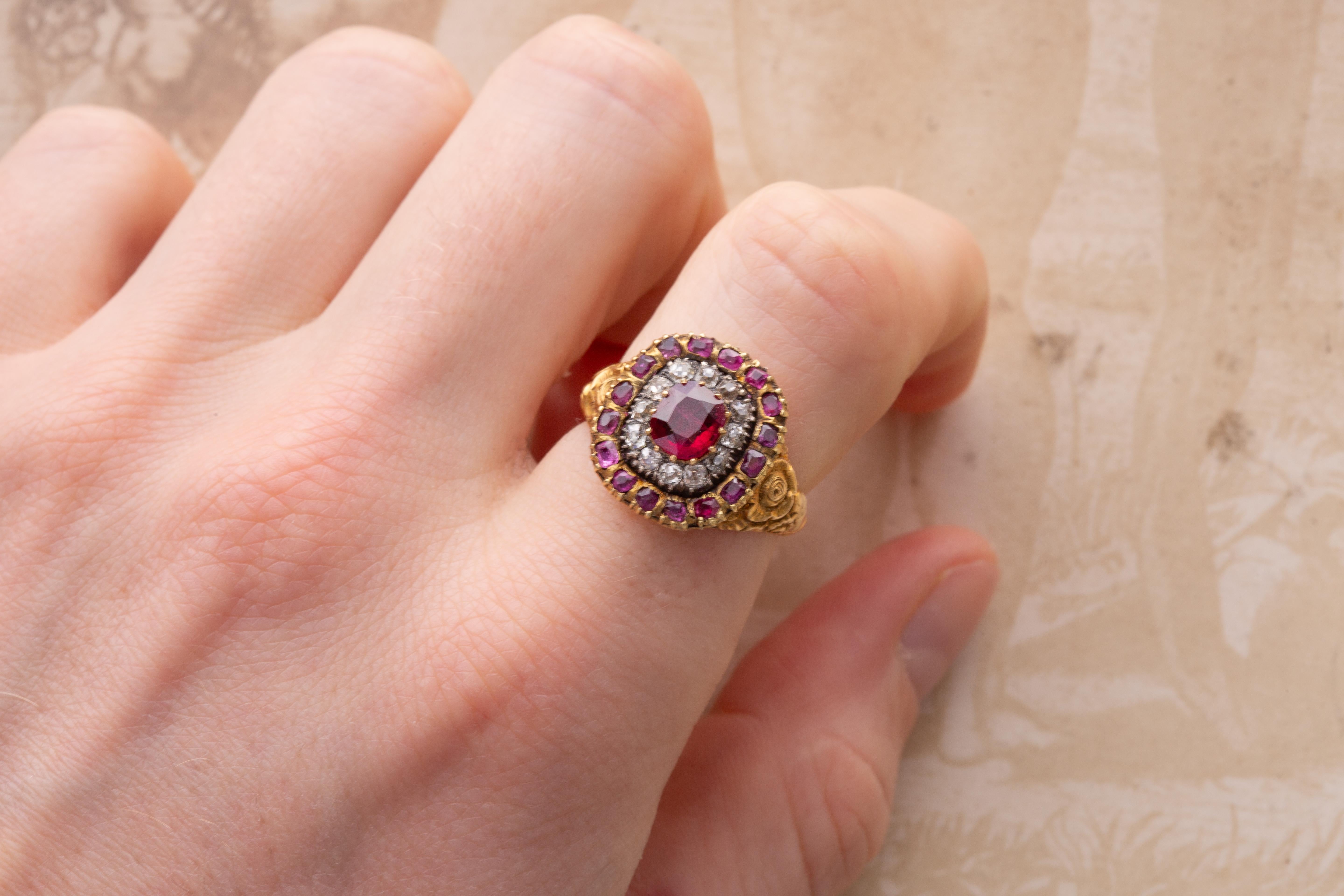 Antique Georgian Early 19th Century 1ct Ruby and Diamond Target Cluster Ring 6