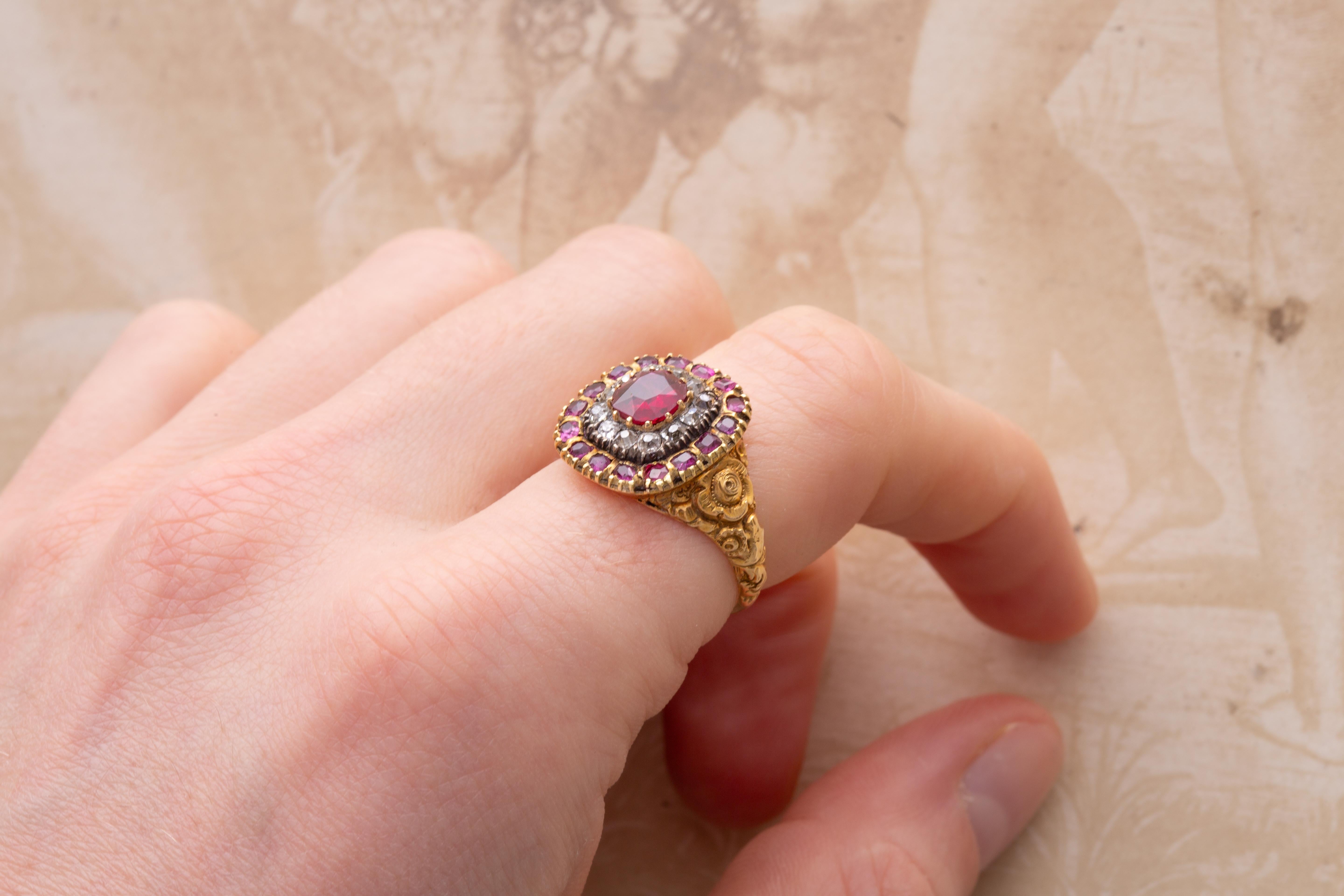 Antique Georgian Early 19th Century 1ct Ruby and Diamond Target Cluster Ring 7