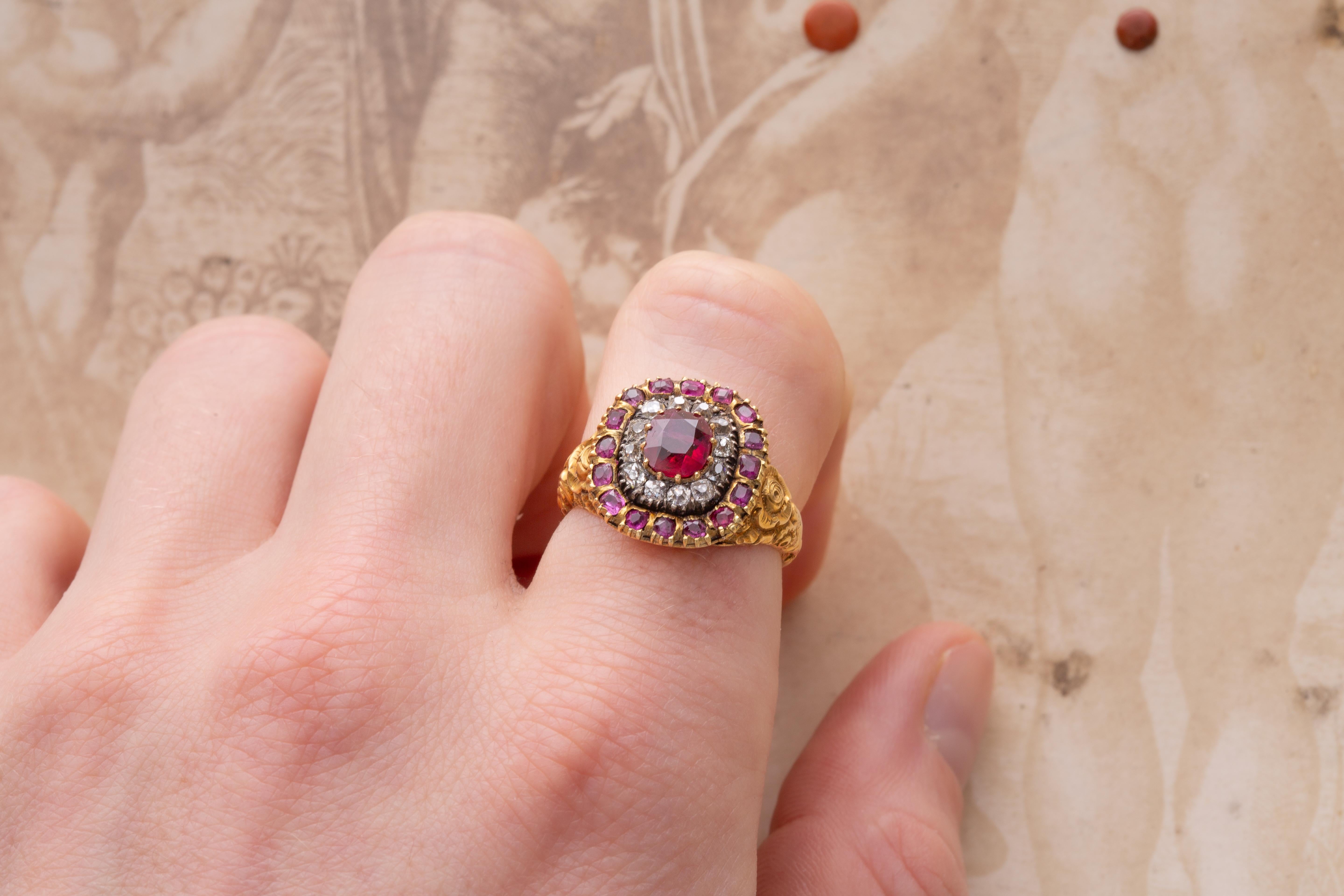 Antique Georgian Early 19th Century 1ct Ruby and Diamond Target Cluster Ring 8