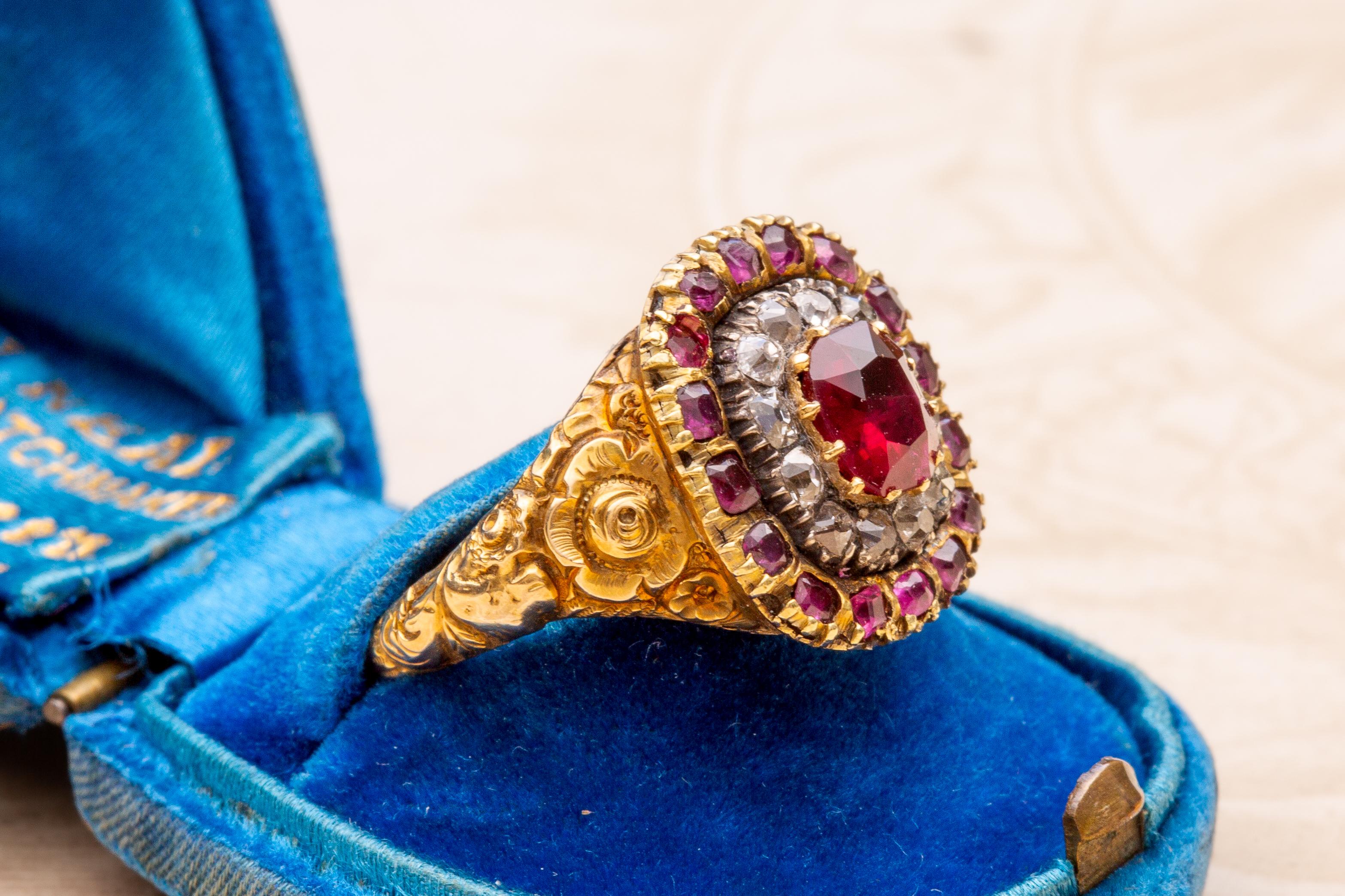 Old Mine Cut Antique Georgian Early 19th Century 1ct Ruby and Diamond Target Cluster Ring