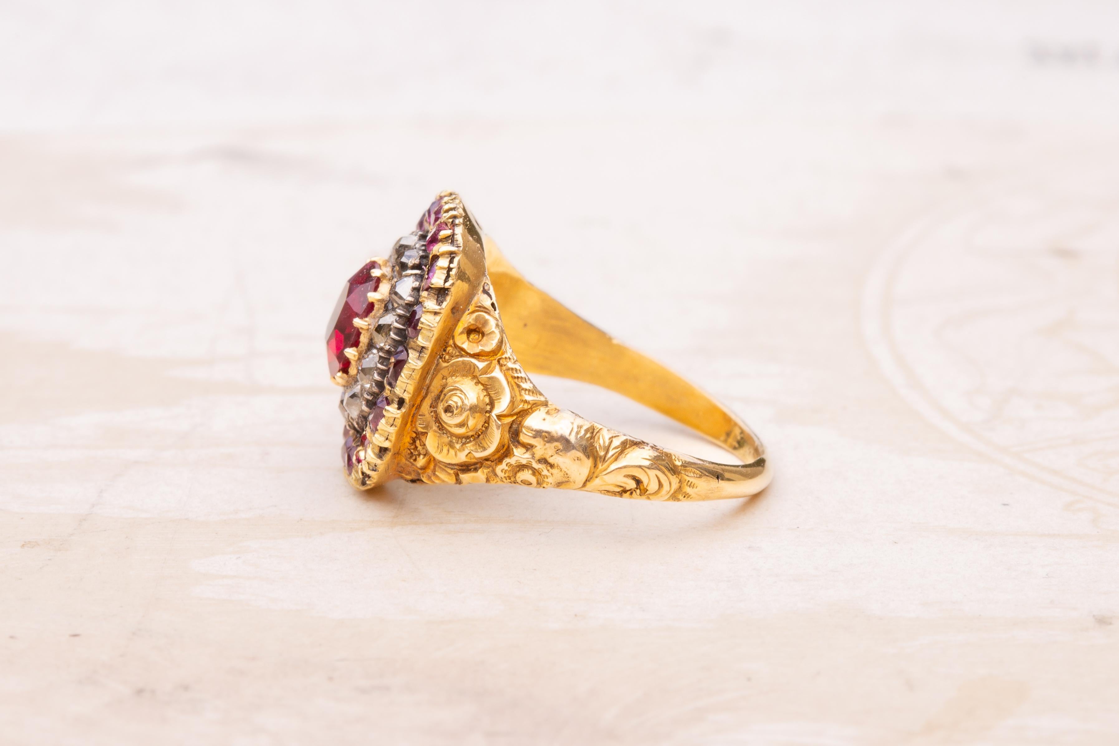 Women's or Men's Antique Georgian Early 19th Century 1ct Ruby and Diamond Target Cluster Ring