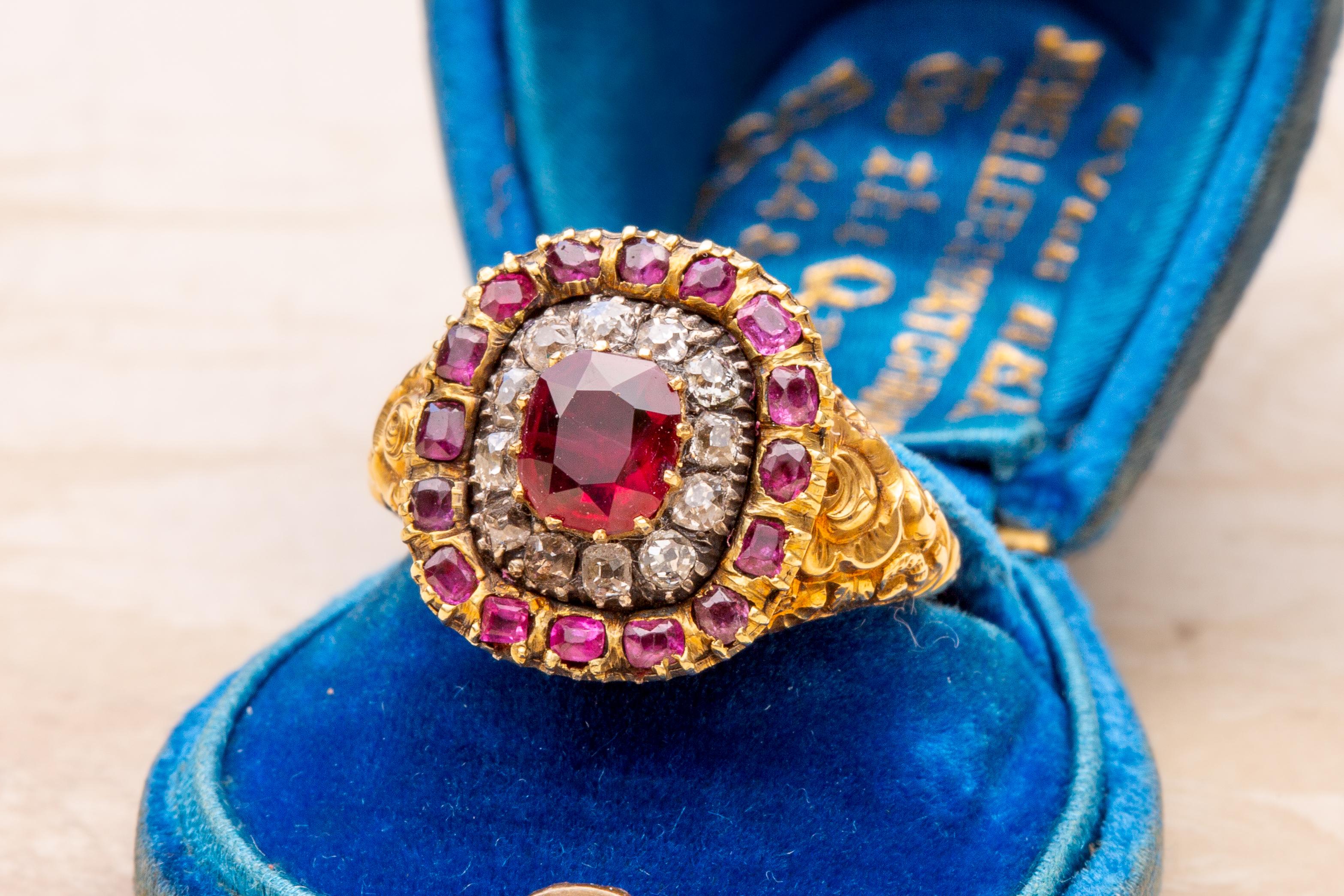Antique Georgian Early 19th Century 1ct Ruby and Diamond Target Cluster Ring 4