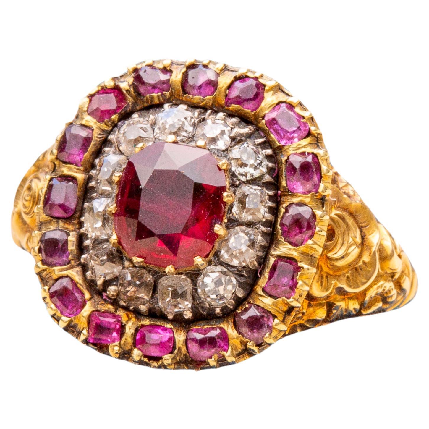 Antique Georgian Early 19th Century 1ct Ruby and Diamond Target Cluster Ring For Sale