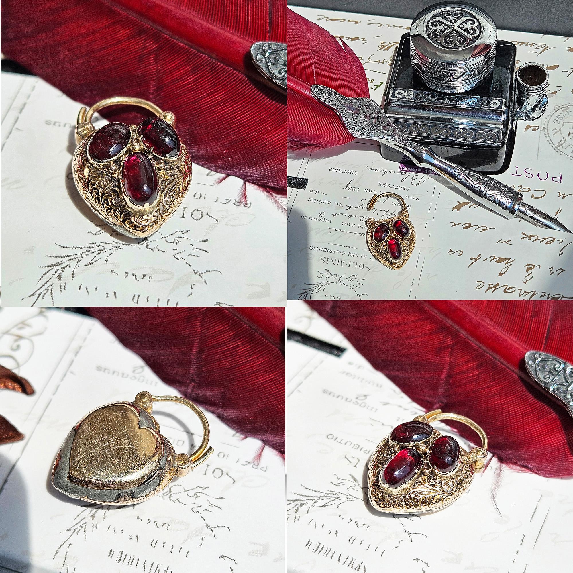 Pendentif en or géorgien / début de l'époque victorienne avec fermoir cadenas en grenat en forme de coeur en vente 12