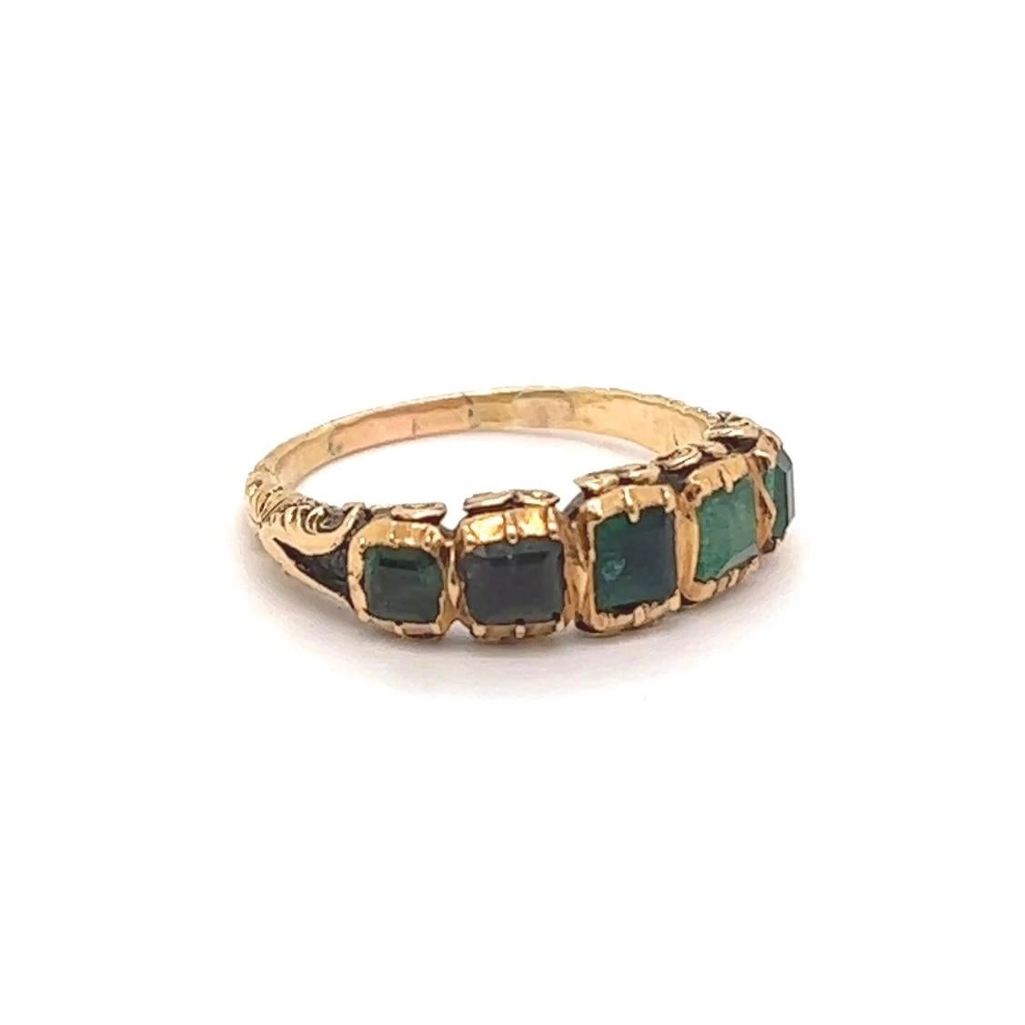 Women's or Men's Antique Georgian Emerald 15 Karat Yellow Gold Engraved Five Stone Ring