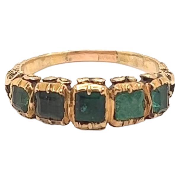 Antique Georgian Emerald 15 Karat Yellow Gold Engraved Five Stone Ring