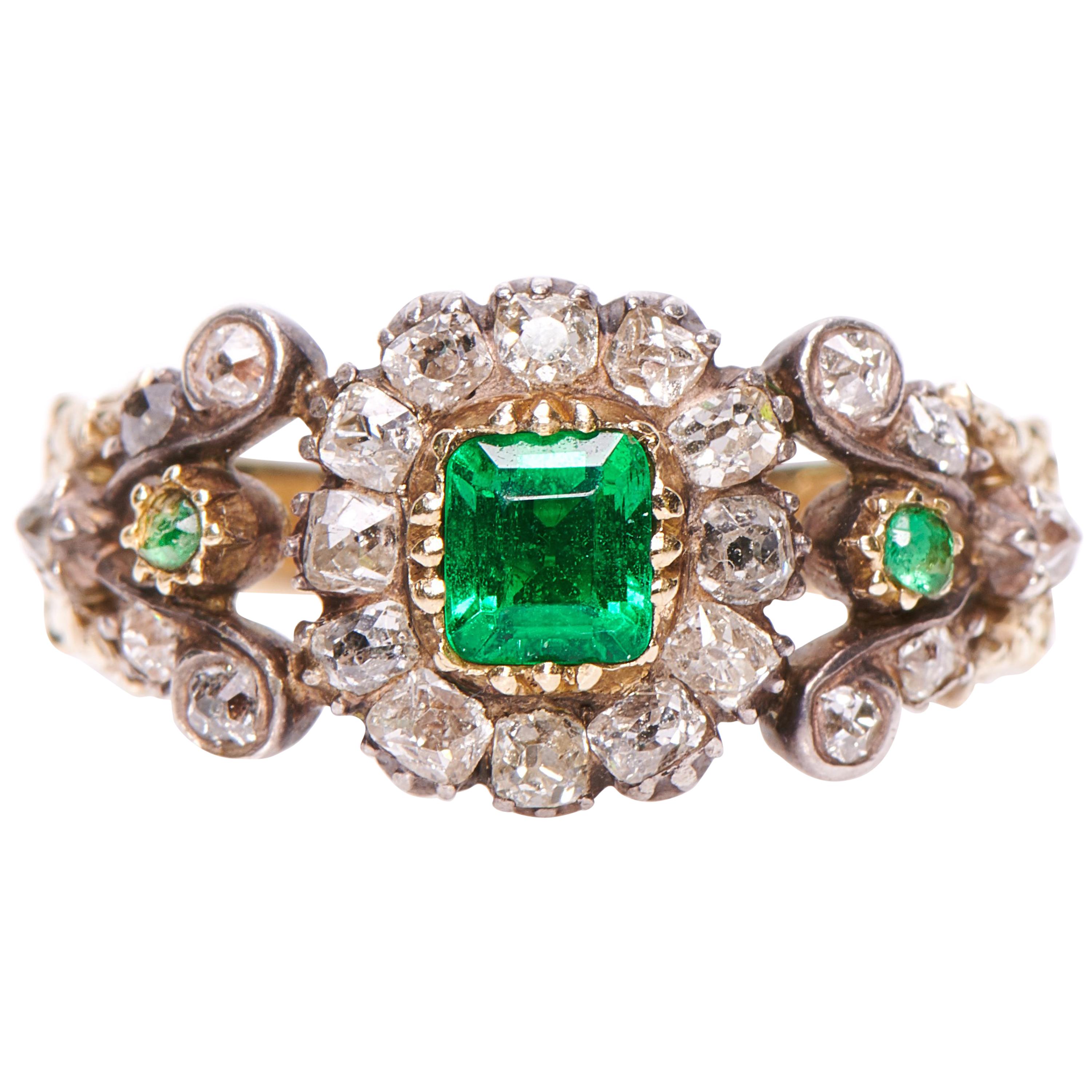 Antique, Georgian, Emerald and Diamond Cluster Ring