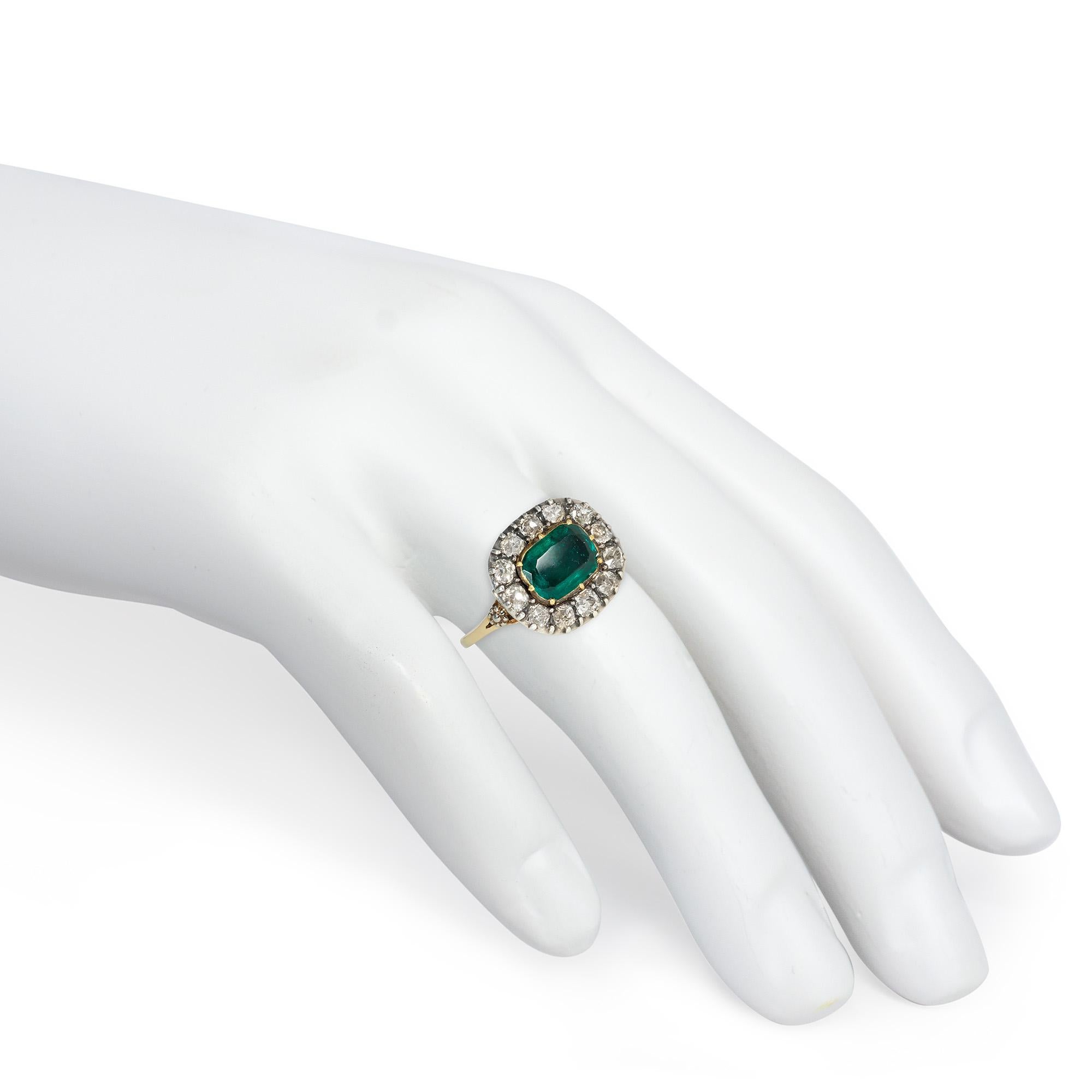 Women's or Men's Antique Georgian Emerald and Old Mine Cut Diamond Cluster Ring