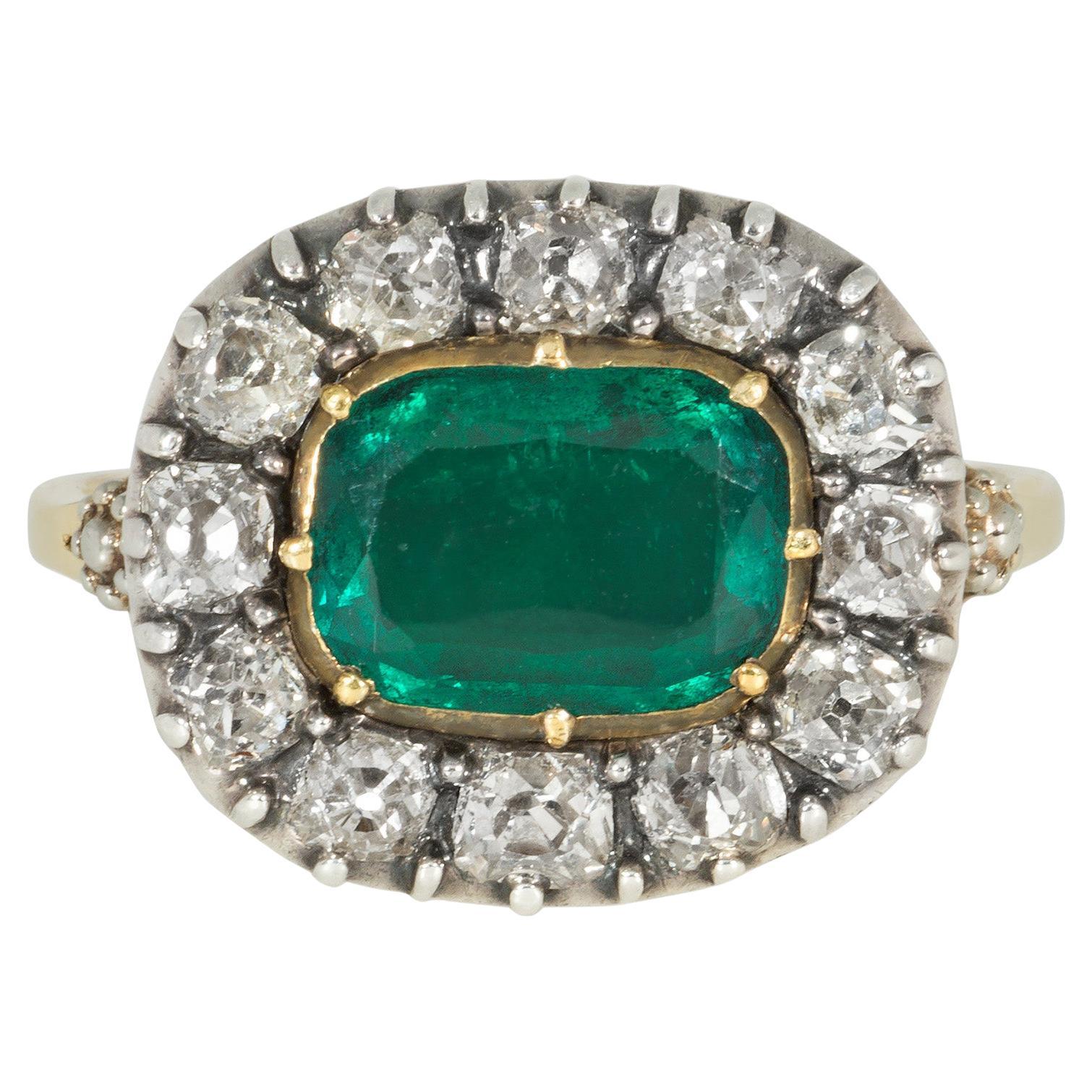 Antique Georgian Emerald and Old Mine Cut Diamond Cluster Ring