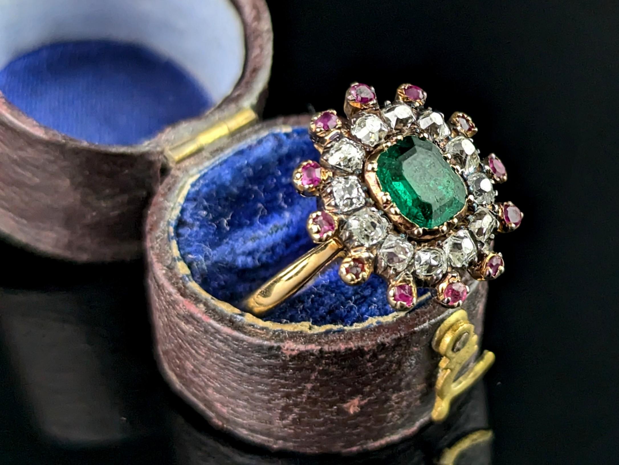 Antique Georgian Emerald, Diamond and Ruby cluster ring, 18k yellow gold 6