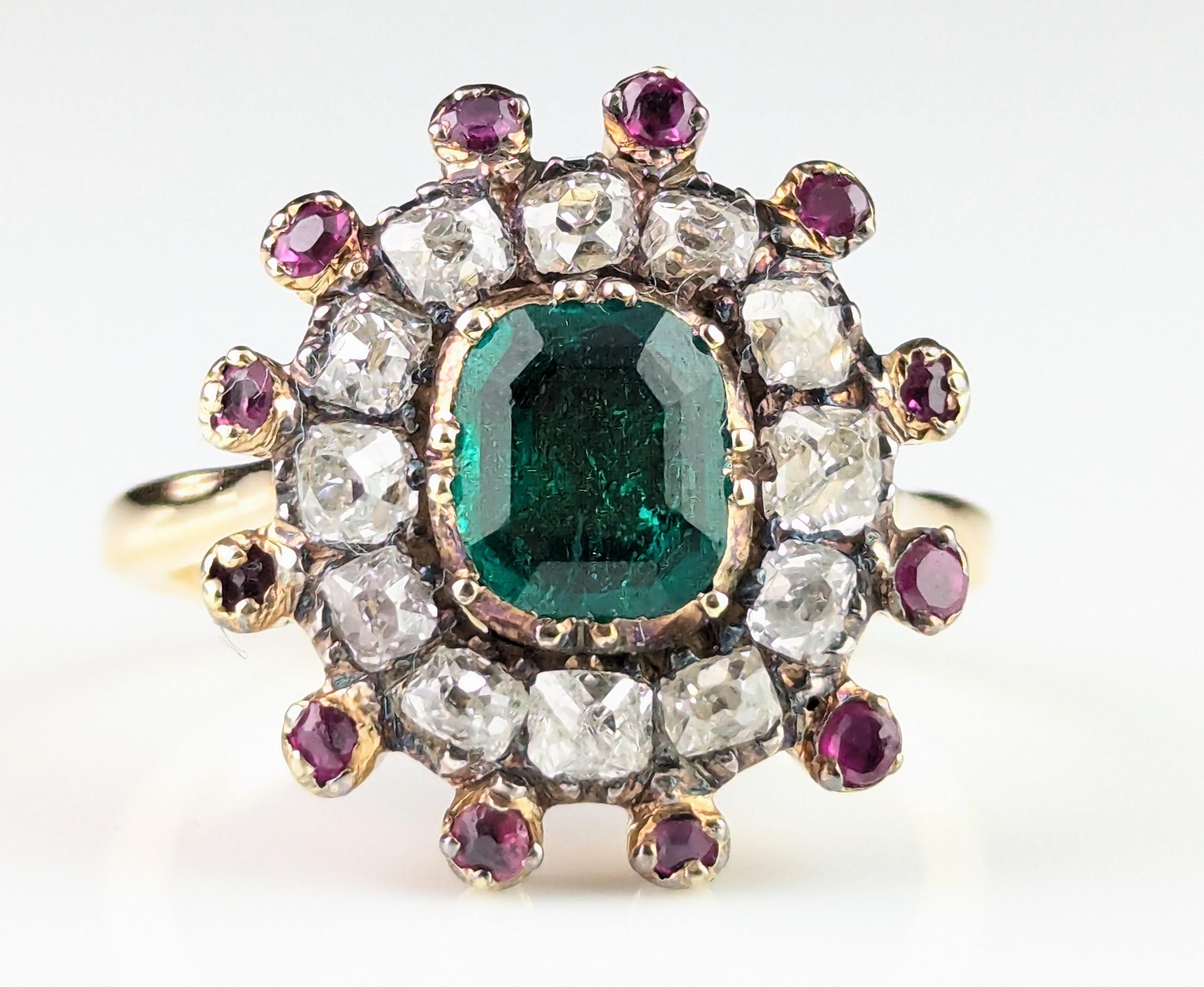 Antique Georgian Emerald, Diamond and Ruby cluster ring, 18k yellow gold 7