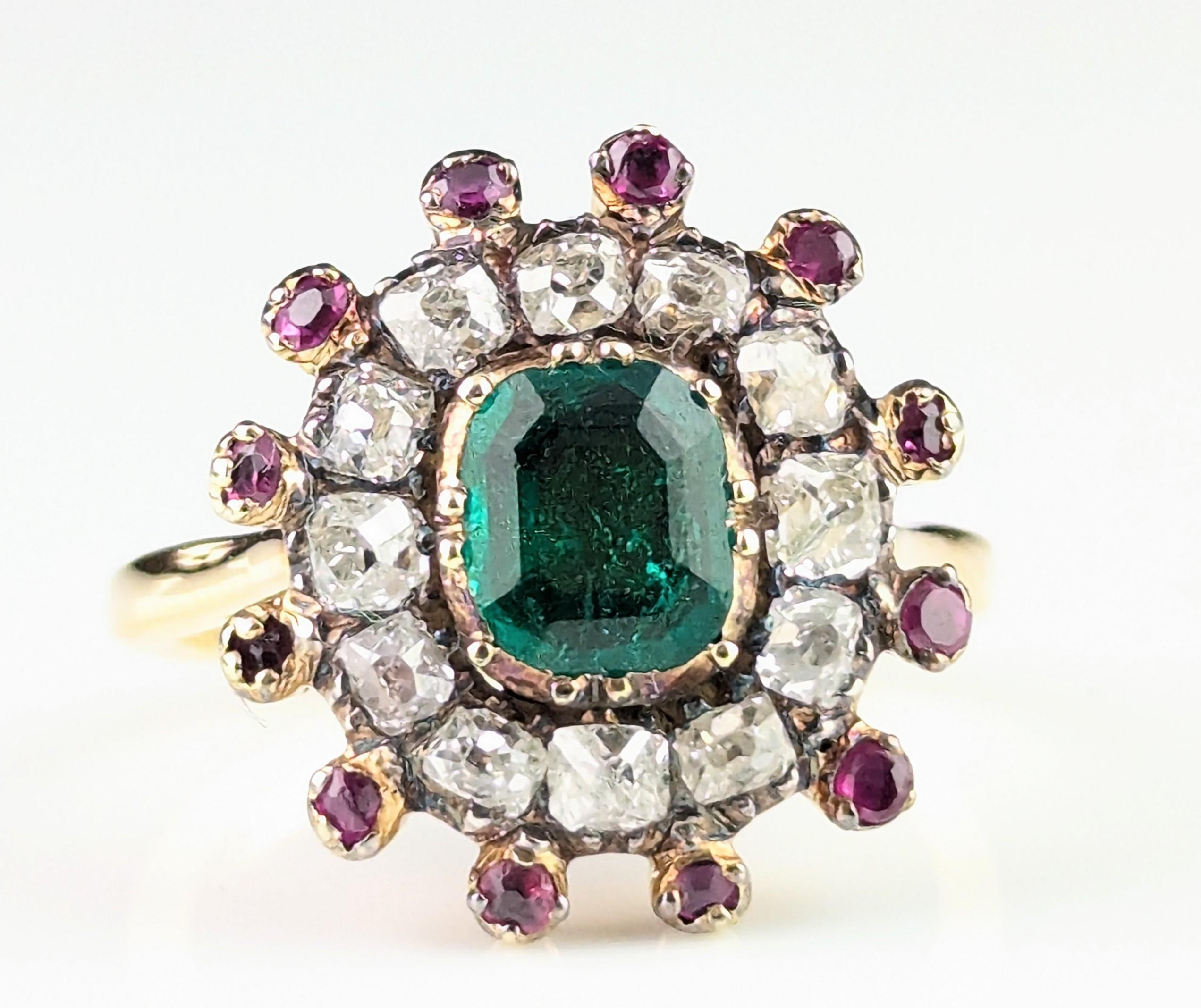 Antique Georgian Emerald, Diamond and Ruby cluster ring, 18k yellow gold 8