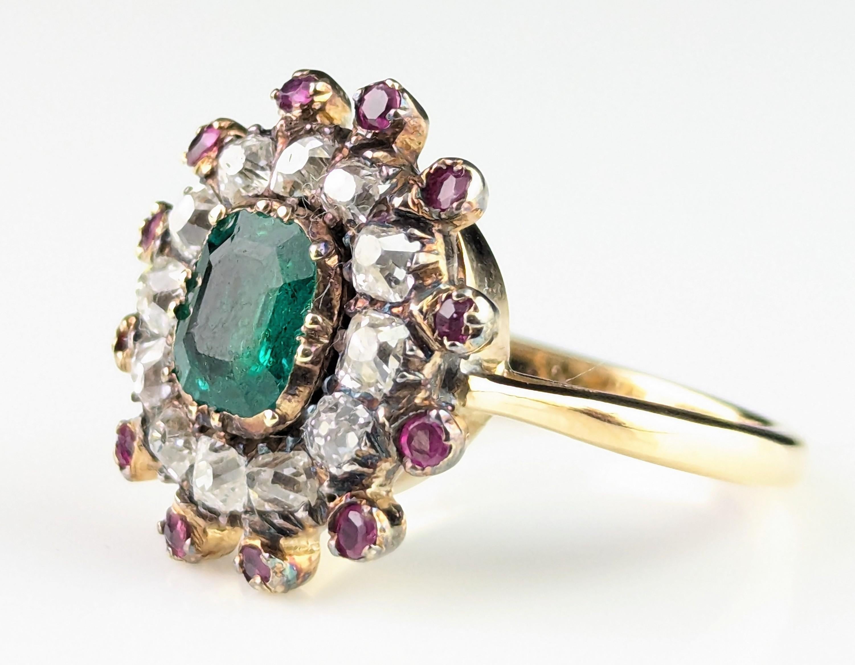 Antique Georgian Emerald, Diamond and Ruby cluster ring, 18k yellow gold 11