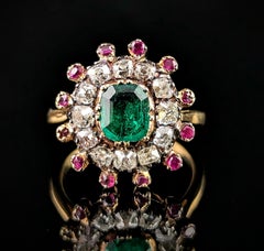 Antique Georgian Emerald, Diamond and Ruby cluster ring, 18k yellow gold