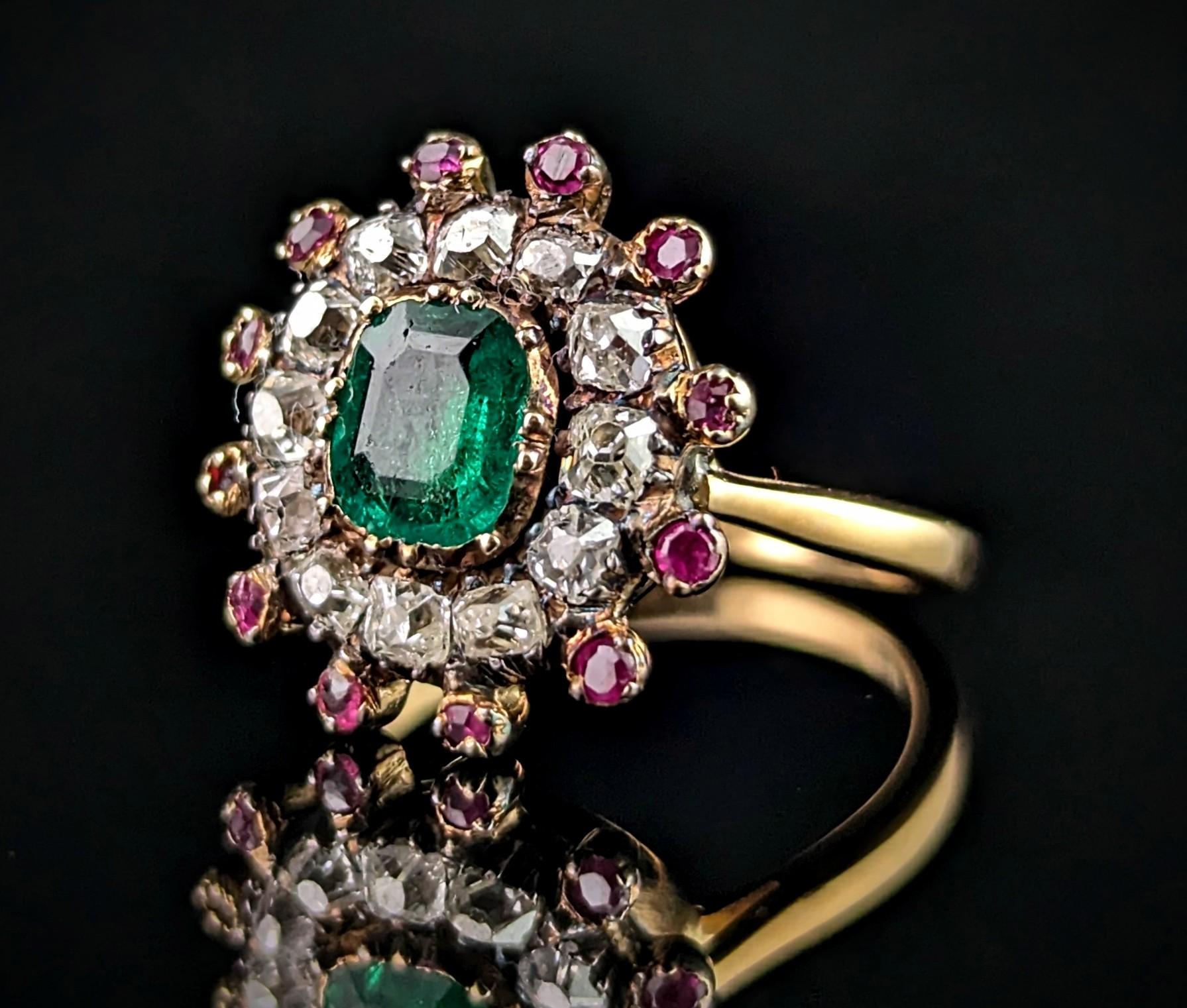 Emerald Cut Antique Georgian Emerald, Diamond and Ruby cluster ring, 18k yellow gold