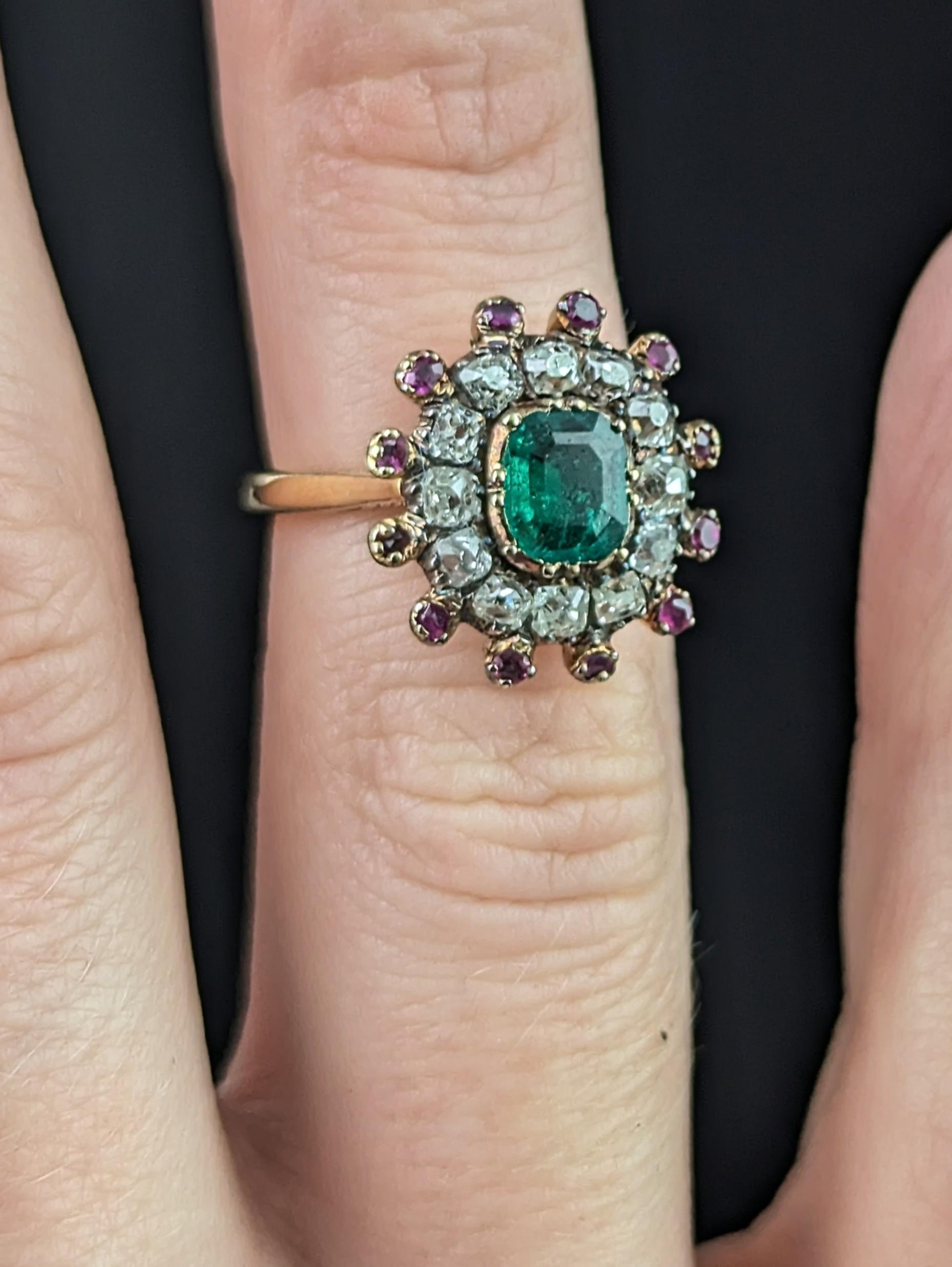 Women's Antique Georgian Emerald, Diamond and Ruby cluster ring, 18k yellow gold