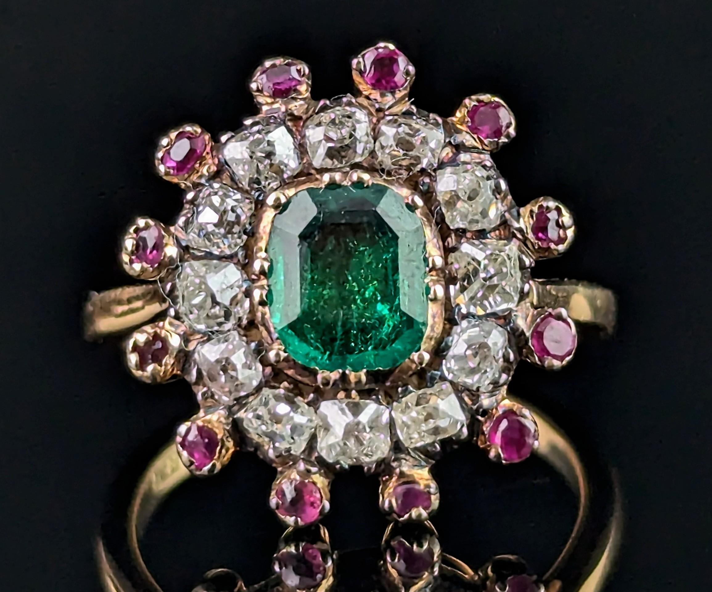 Antique Georgian Emerald, Diamond and Ruby cluster ring, 18k yellow gold 2