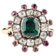 Antique Georgian Emerald, Diamond and Ruby cluster ring, 18k yellow gold