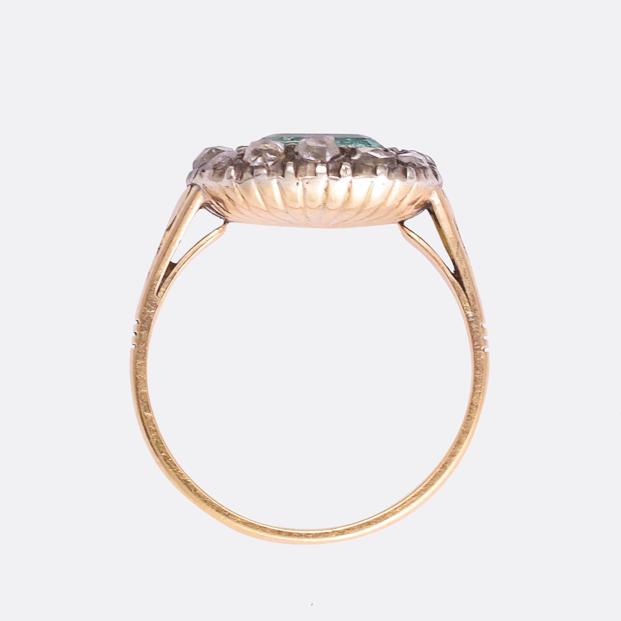 Women's Antique Georgian Emerald Diamond Fluted Cluster Ring