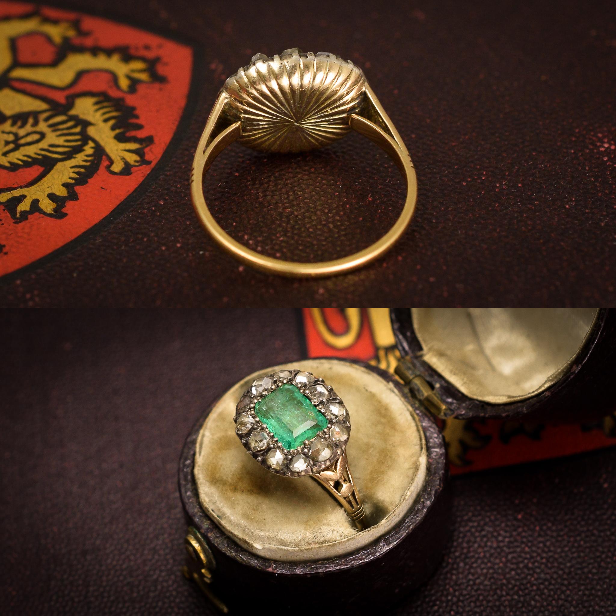 Antique Georgian Emerald Diamond Fluted Cluster Ring 1