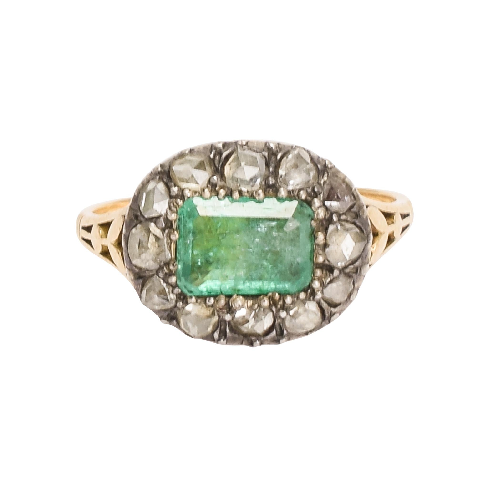 Antique Georgian Emerald Diamond Fluted Cluster Ring