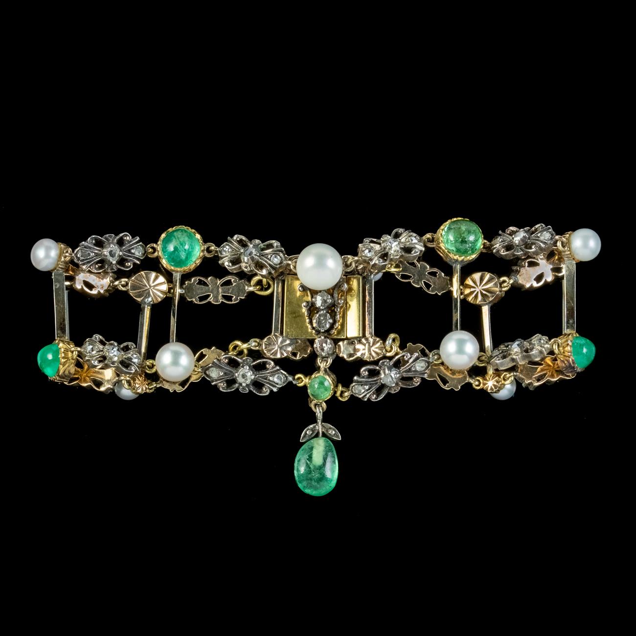 Antique Georgian Emerald Diamond Pearl Bracelet Silver 18ct Gold In Good Condition For Sale In Kendal, GB