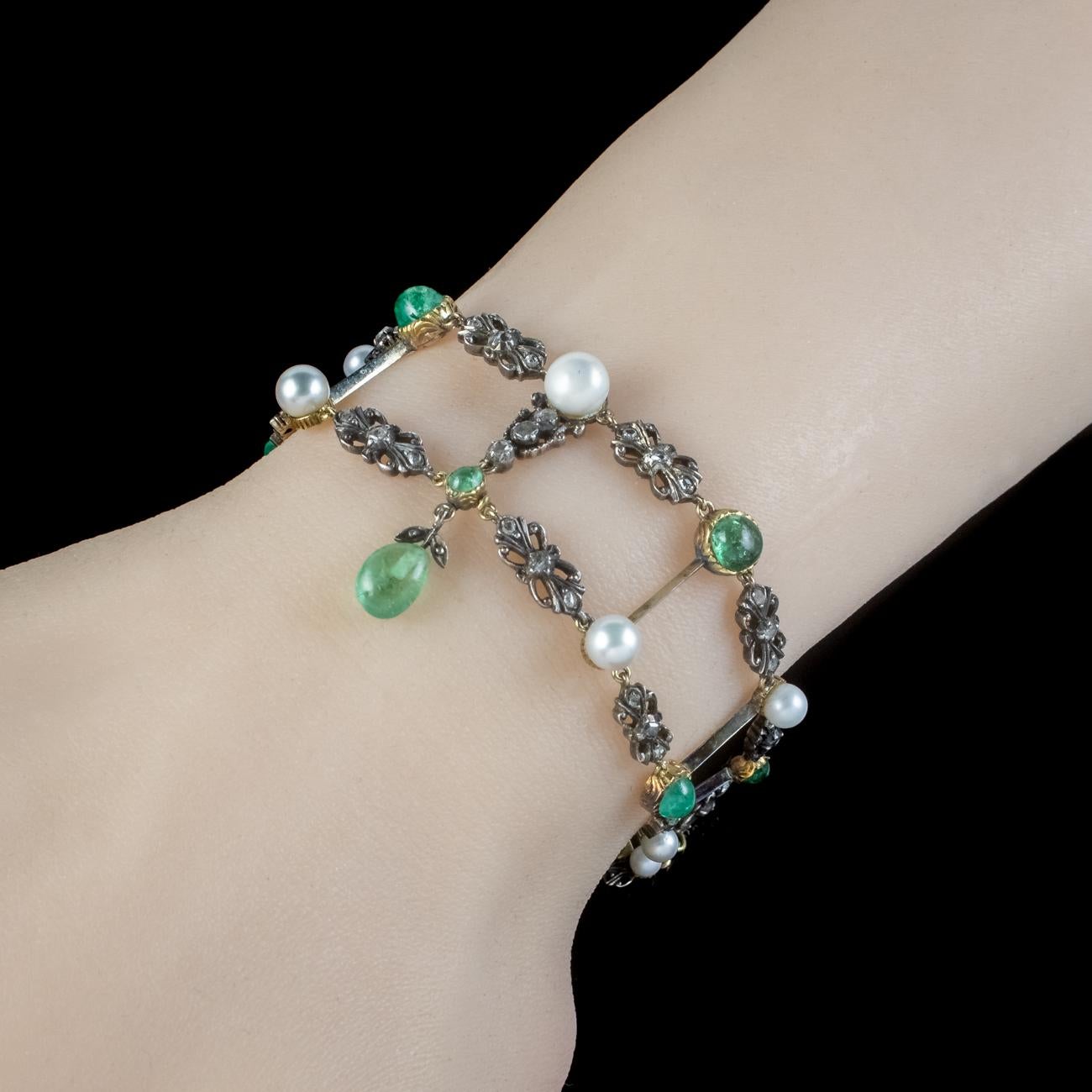Women's Antique Georgian Emerald Diamond Pearl Bracelet Silver 18ct Gold For Sale