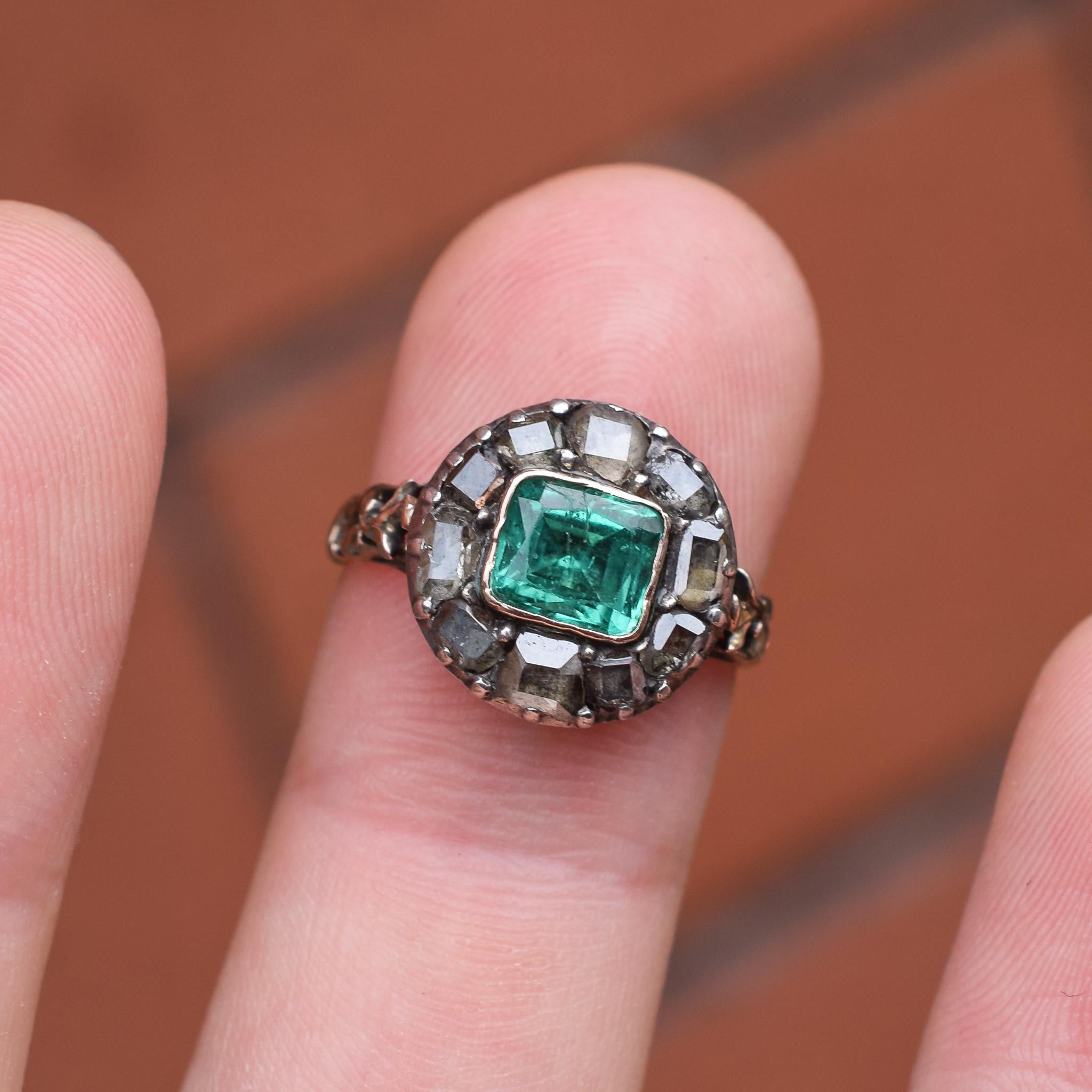 Antique Georgian Emerald Diamond Round Cluster Ring 6
