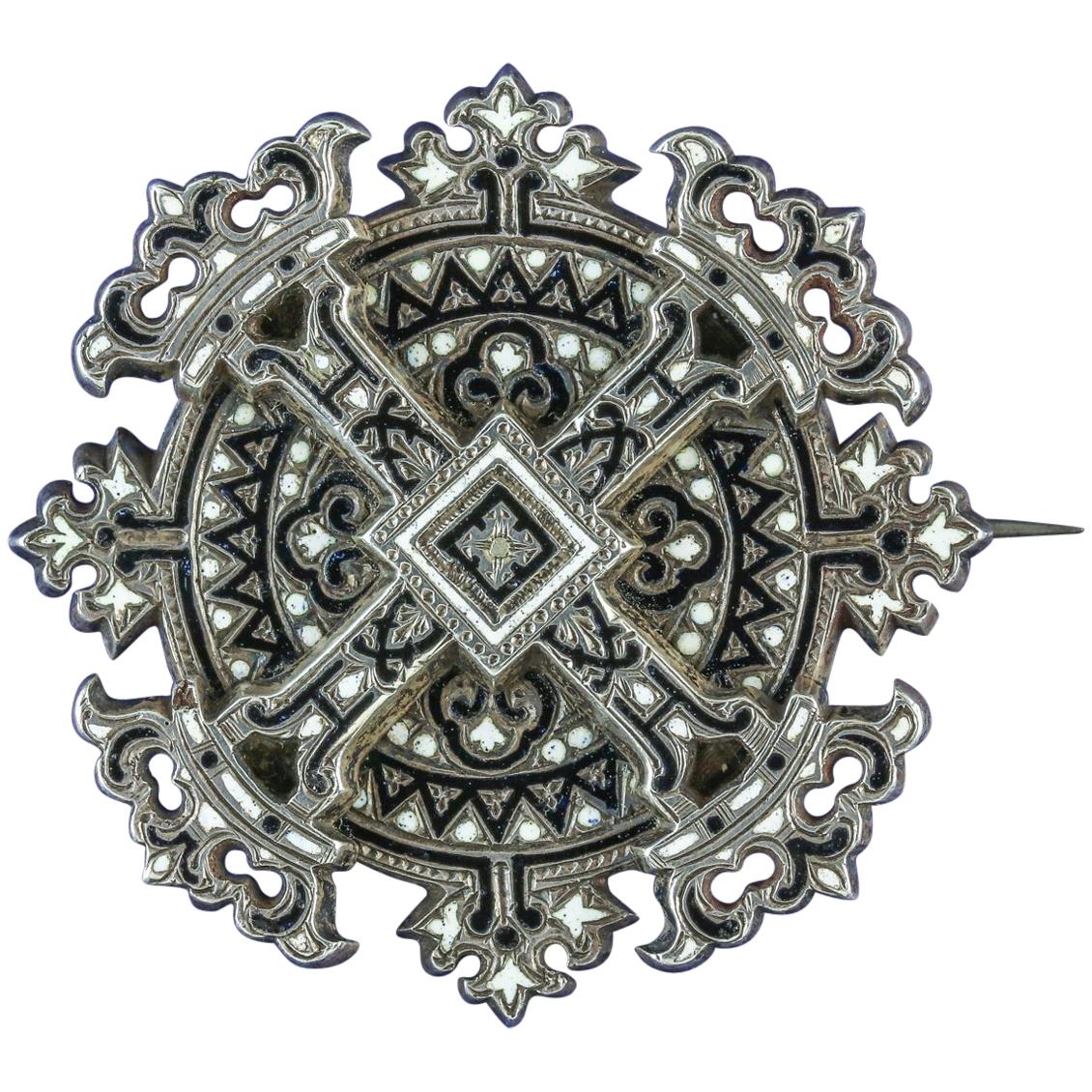Antique Georgian Enamel Cross Silver circa 1800 Brooch