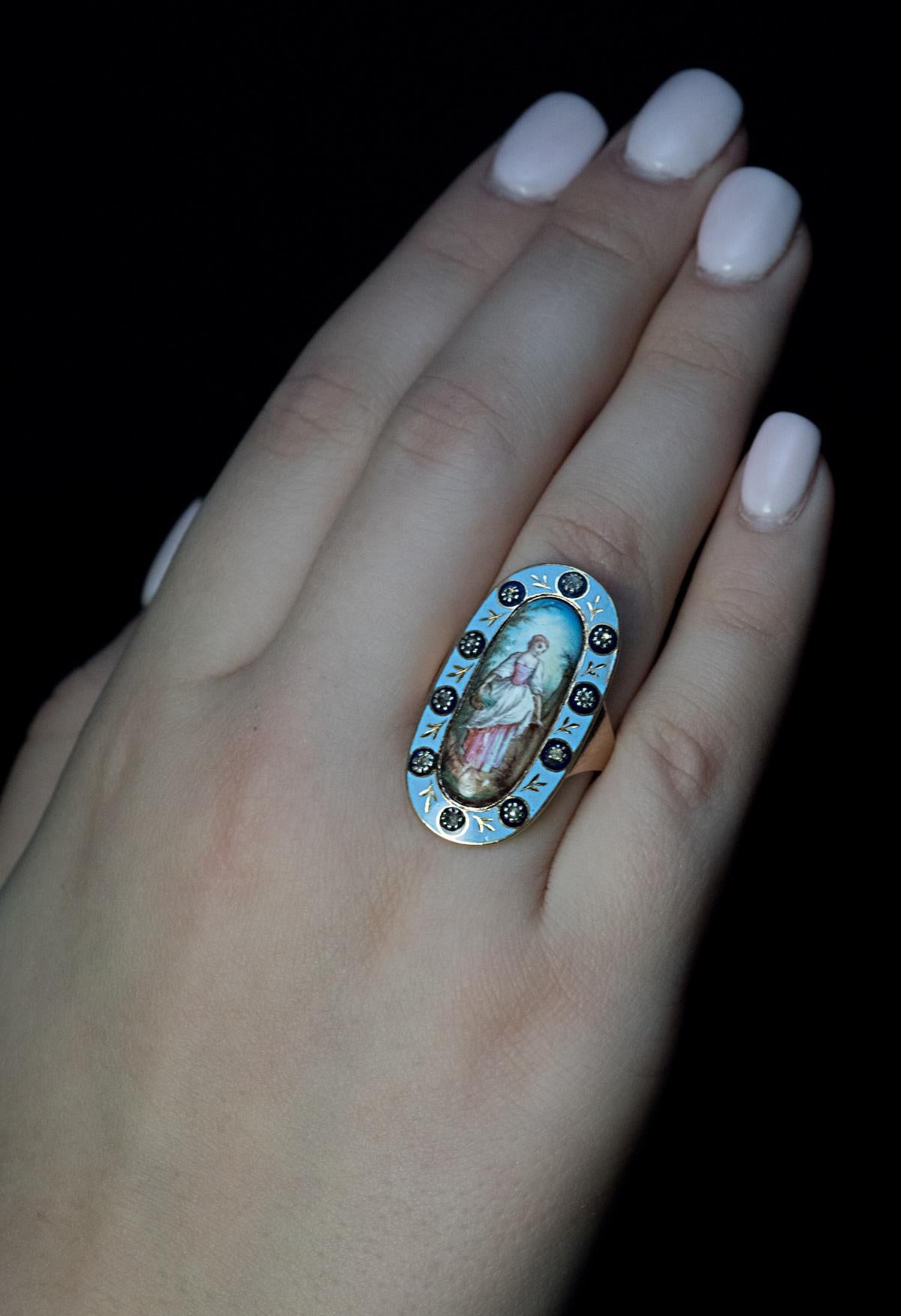 Femenino o masculino Anillo antiguo georgiano de oro con esmalte y diamantes en venta