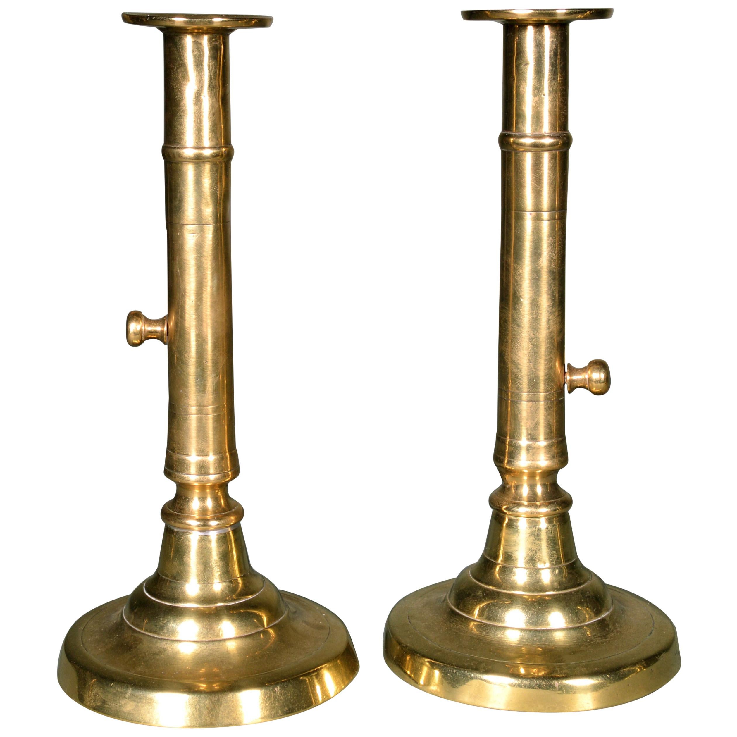 Antique Georgian English Brass Side-Eject Candlesticks, Pair For Sale