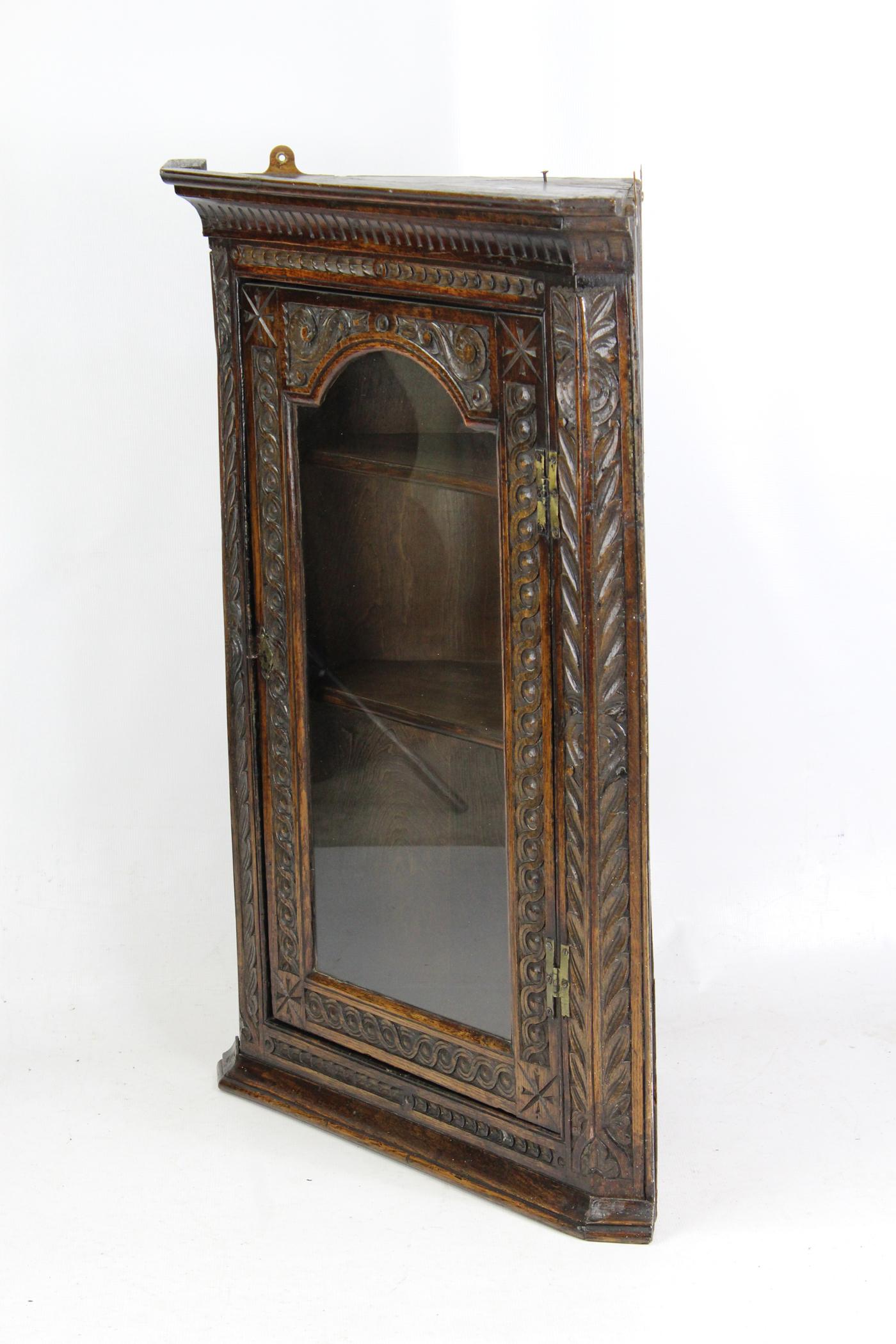 Gothic Antique Georgian English Carved Oak Corner Cupboard Cabinet with Glazed Door