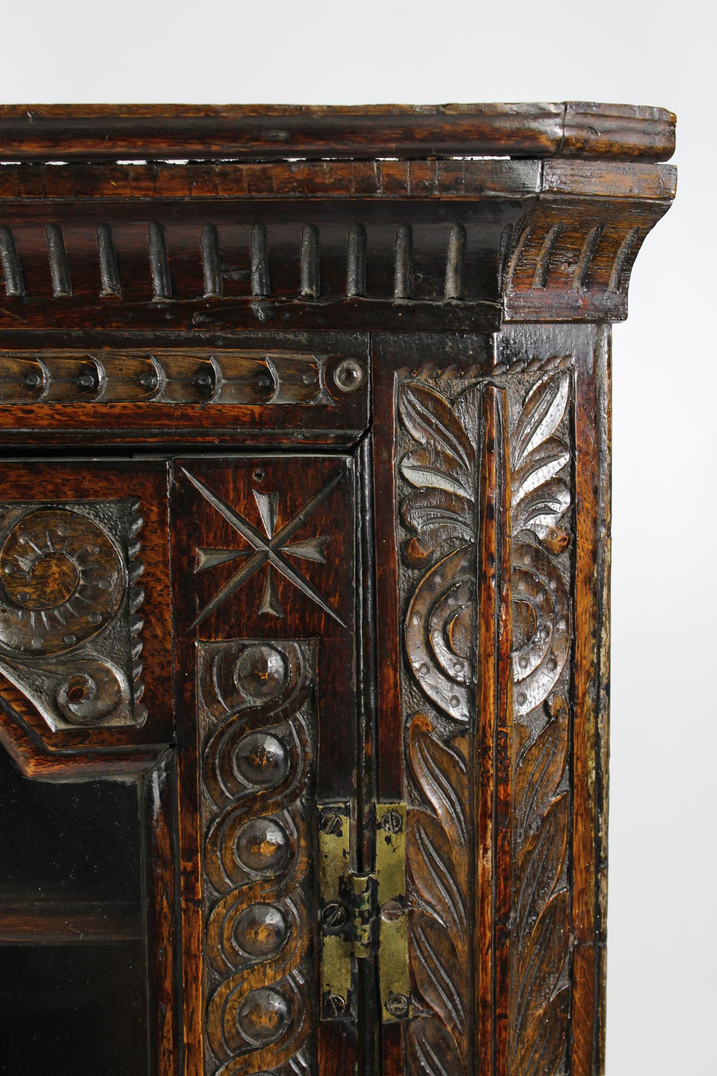 Antique Georgian English Carved Oak Corner Cupboard Cabinet with Glazed Door 1