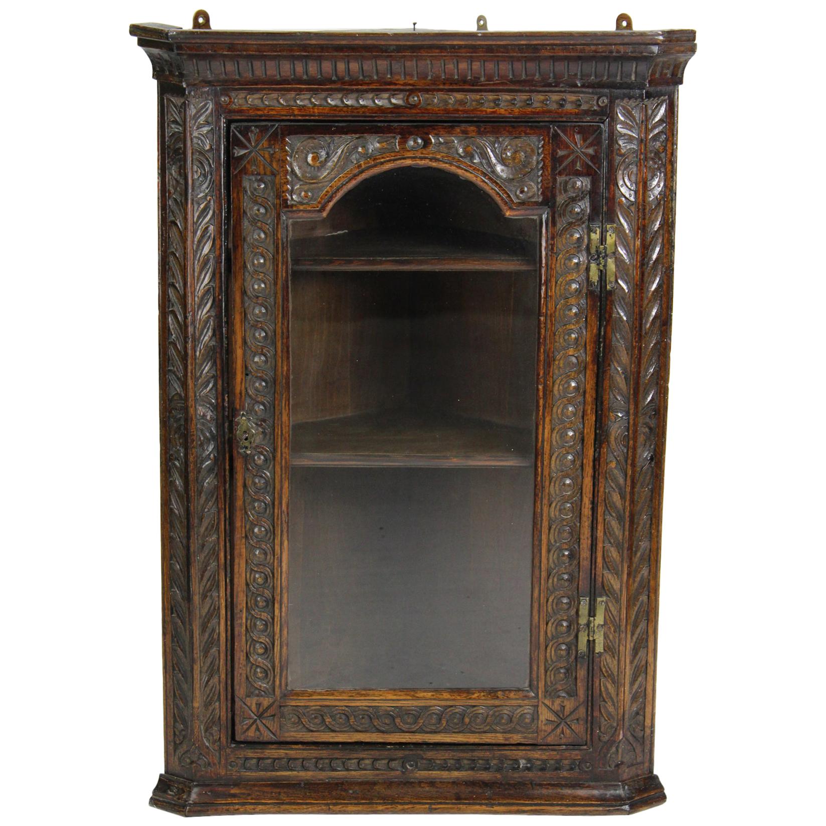 Antique Georgian English Carved Oak Corner Cupboard Cabinet with Glazed Door