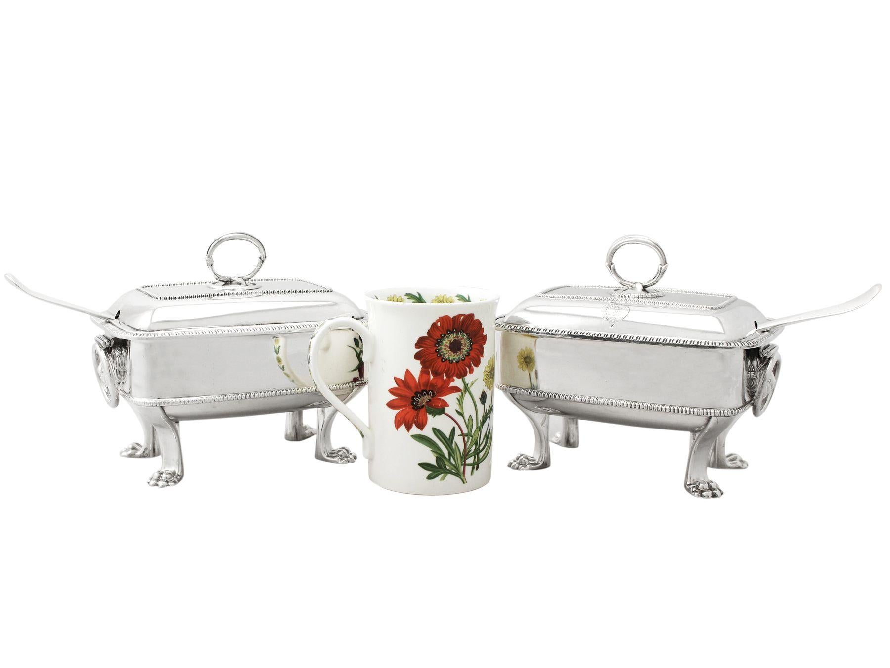 An exceptional, fine and impressive pair of antique George III English sterling silver sauce tureens with ladles; an addition to our Georgian silverware collection.

These exceptional antique George III sterling silver sauce tureens have a plain
