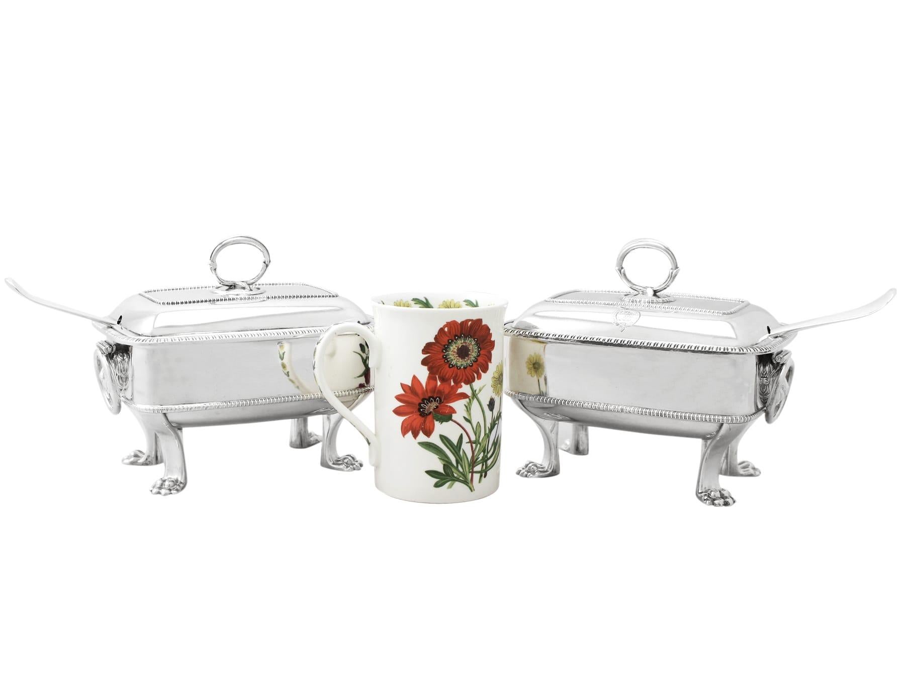 An exceptional, fine and impressive pair of antique George III English sterling silver sauce tureens with ladles; an addition to our Georgian silverware collection.

These exceptional antique George III sterling silver sauce tureens have a plain