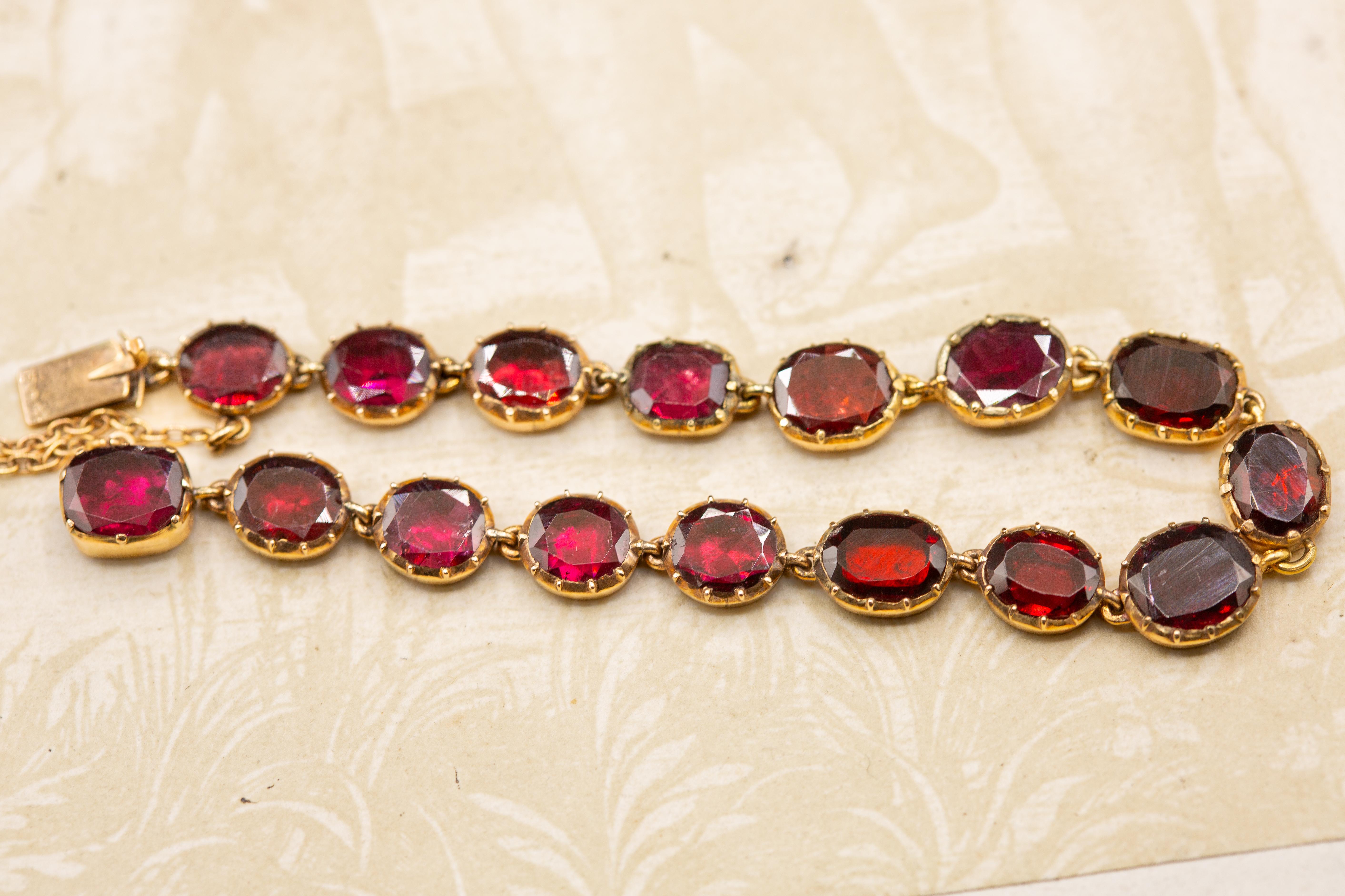 Women's or Men's Antique Georgian Era English Foiled Flat Cut Garnet 15K Gold Bracelet 