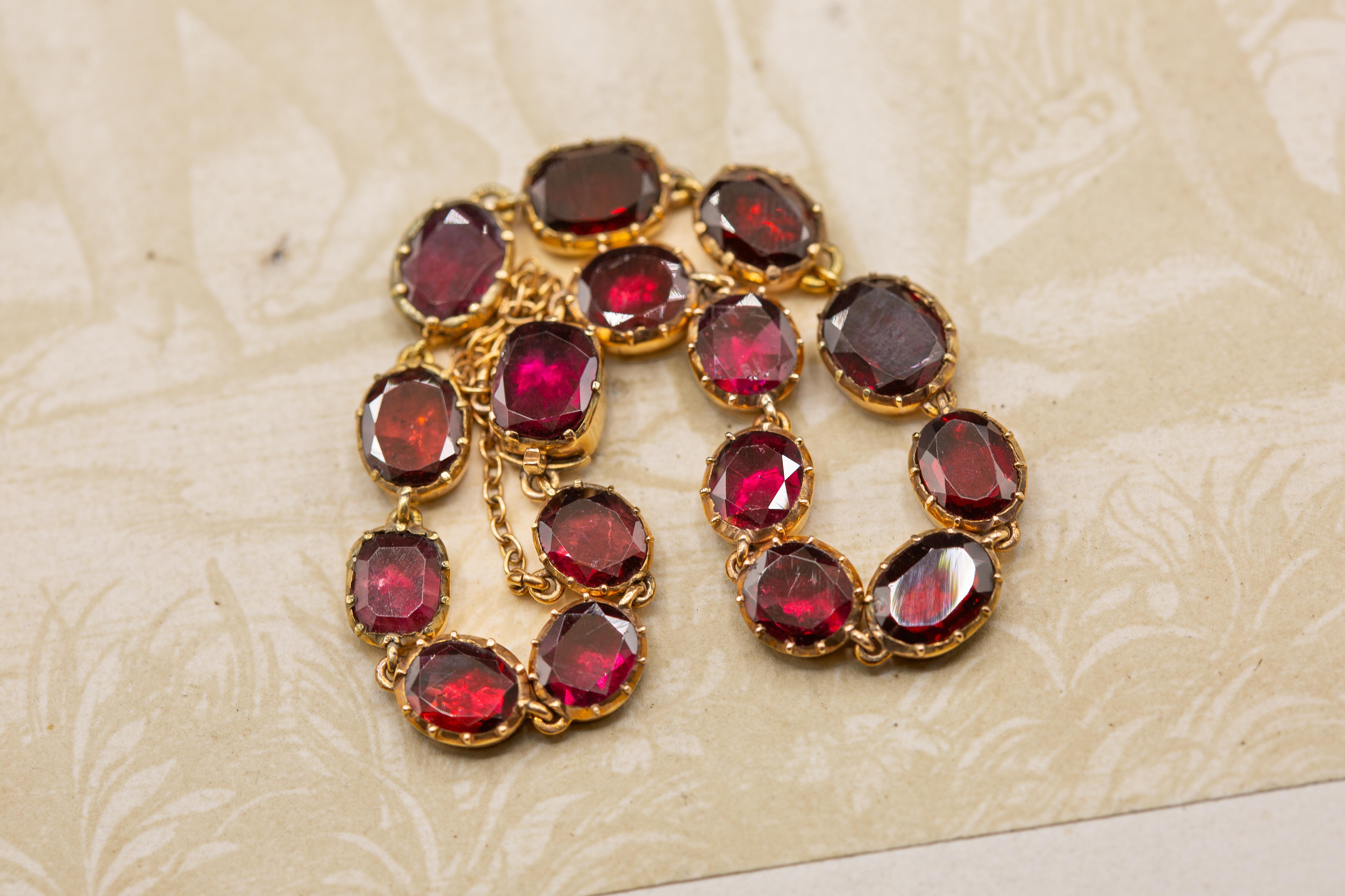 Antique Georgian Era English Foiled Flat Cut Garnet 15K Gold Bracelet 1