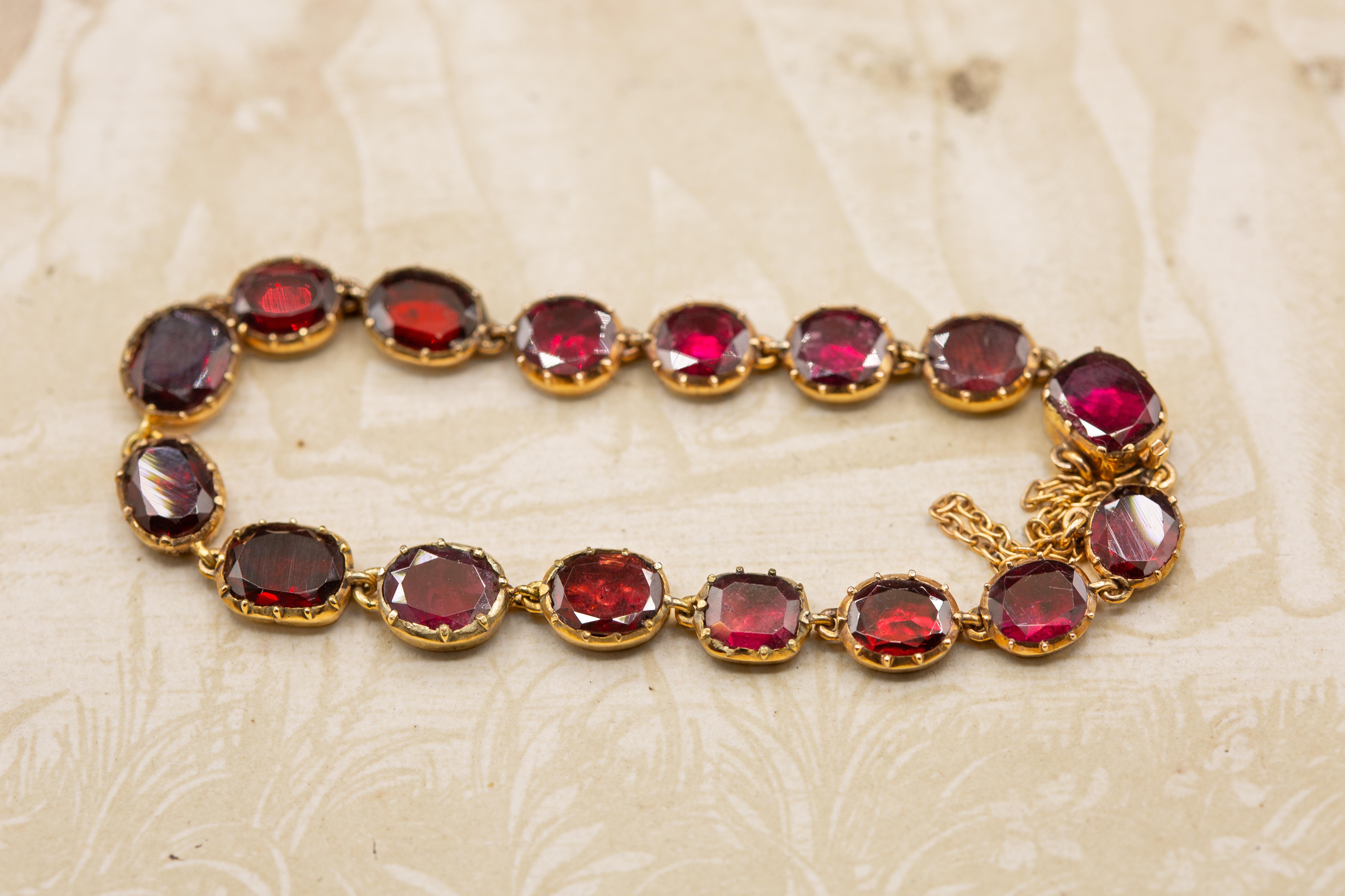 Antique Georgian Era English Foiled Flat Cut Garnet 15K Gold Bracelet  3