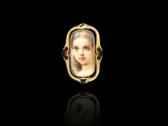 Antique Georgian Era Gold Portrait Ring, 1700s Lady Miniature Pastel Painting