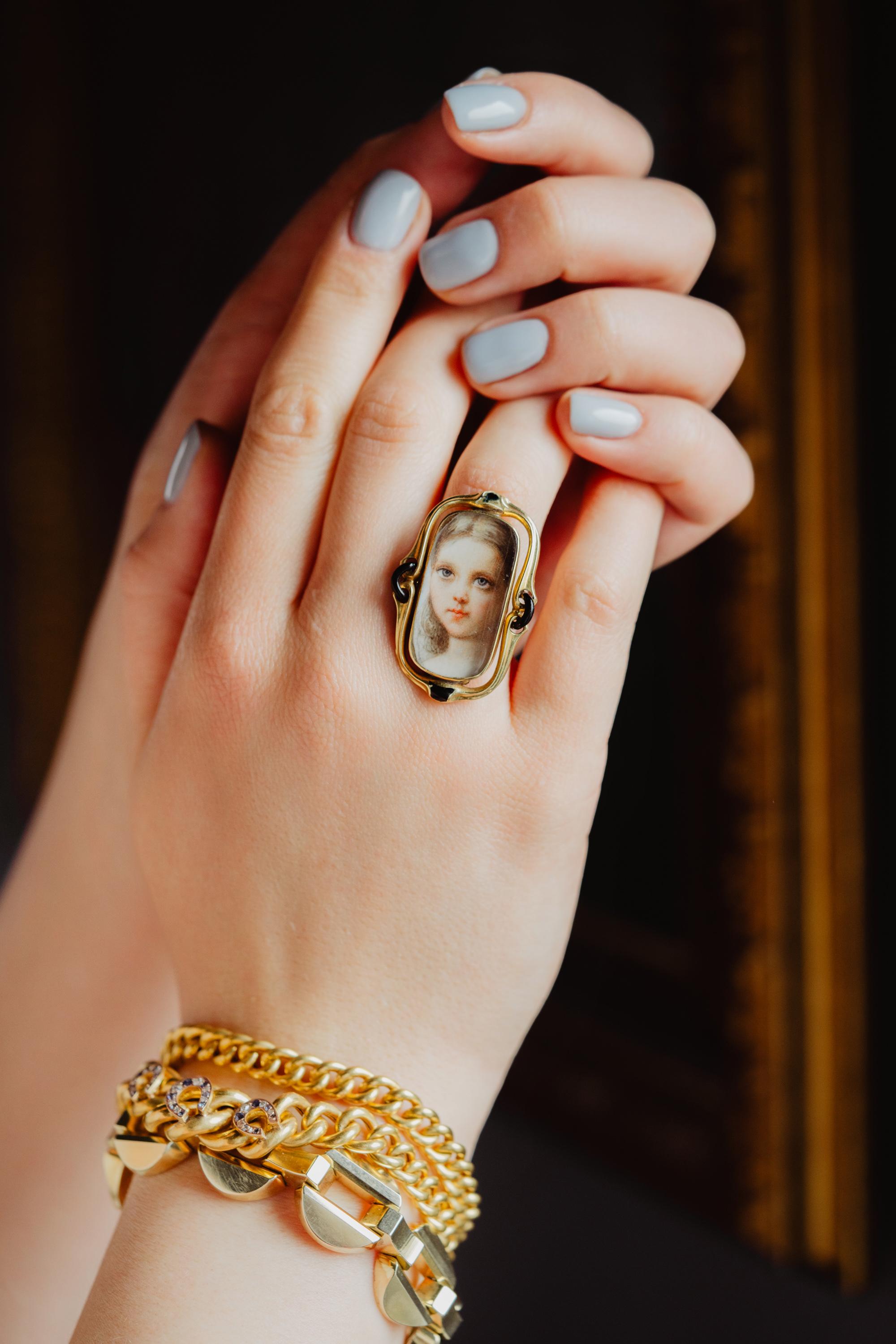 Antique Georgian Era Gold Portrait Ring, 1700s Lady Miniature Pastel Painting For Sale 1