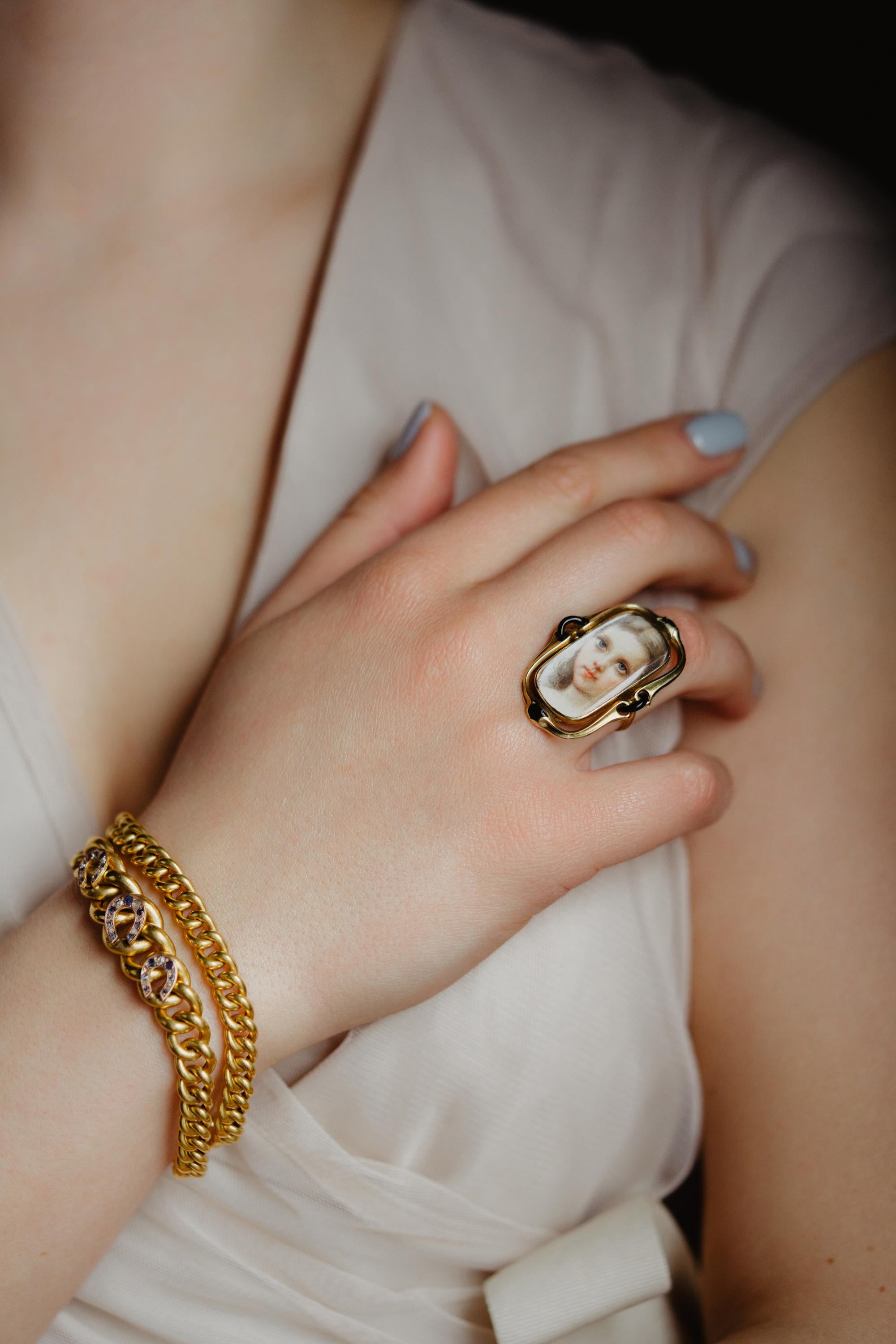 Antique Georgian Era Gold Portrait Ring, 1700s Lady Miniature Pastel Painting For Sale 2