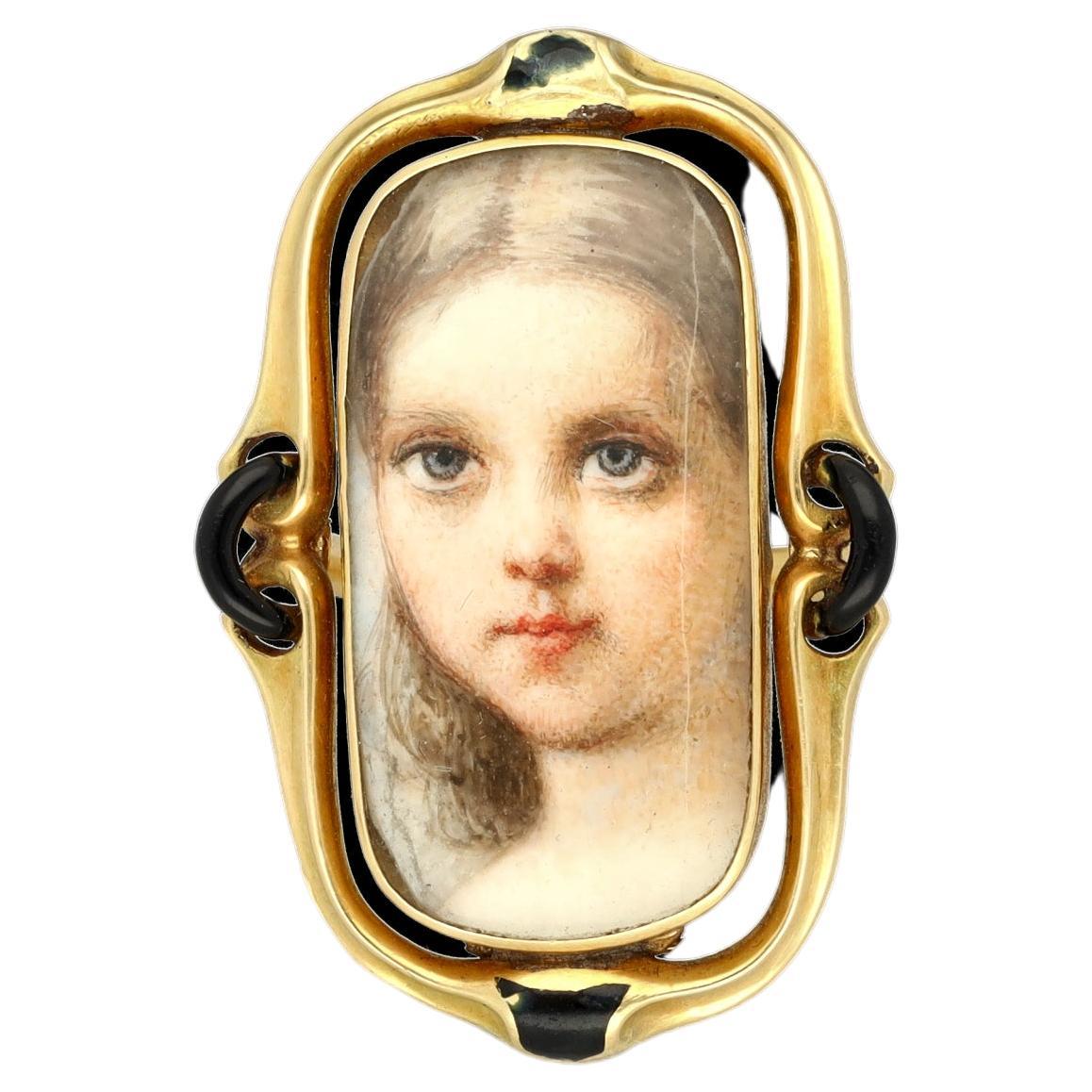 Antique Georgian Era Gold Portrait Ring, 1700s Lady Miniature Pastel Painting For Sale