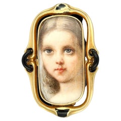 Antique Georgian Era Gold Portrait Ring, 1700s Lady Miniature Pastel Painting