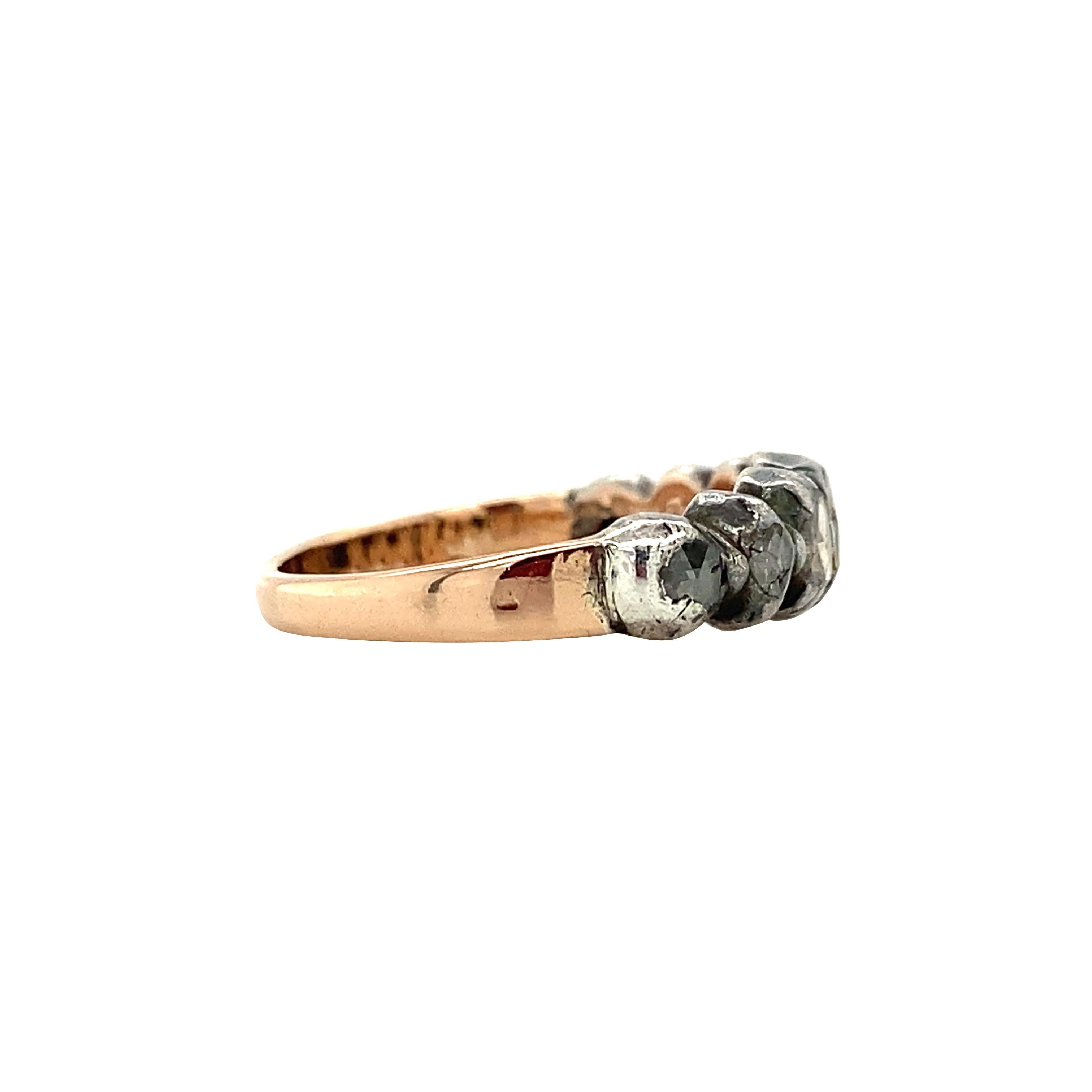 Women's or Men's Antique Georgian-Era Half-Hoop Rose Cut Diamond Ring 14K Rose Gold & Silver