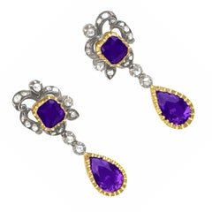 Pendientes antiguos de amatistas y diamantes en forma de pera y talla cojín de la época georgiana